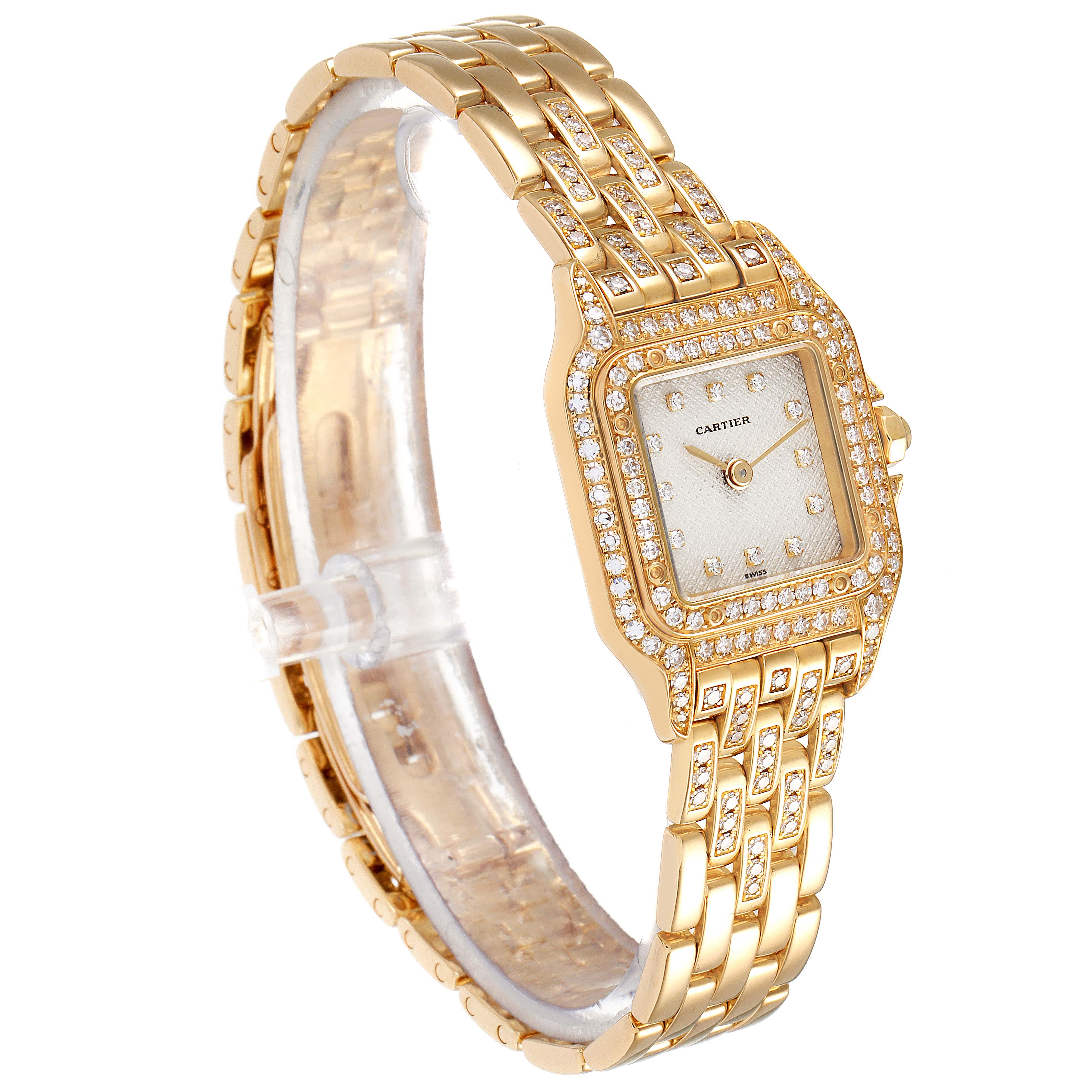 The Cartier Panthere 1280 Women's Yellow Gold Silver Dial 1280 Women's Yellow Gold Silver Dial watch is shown at a slight side angle, highlighting the face, bezel, and part of the bracelet.