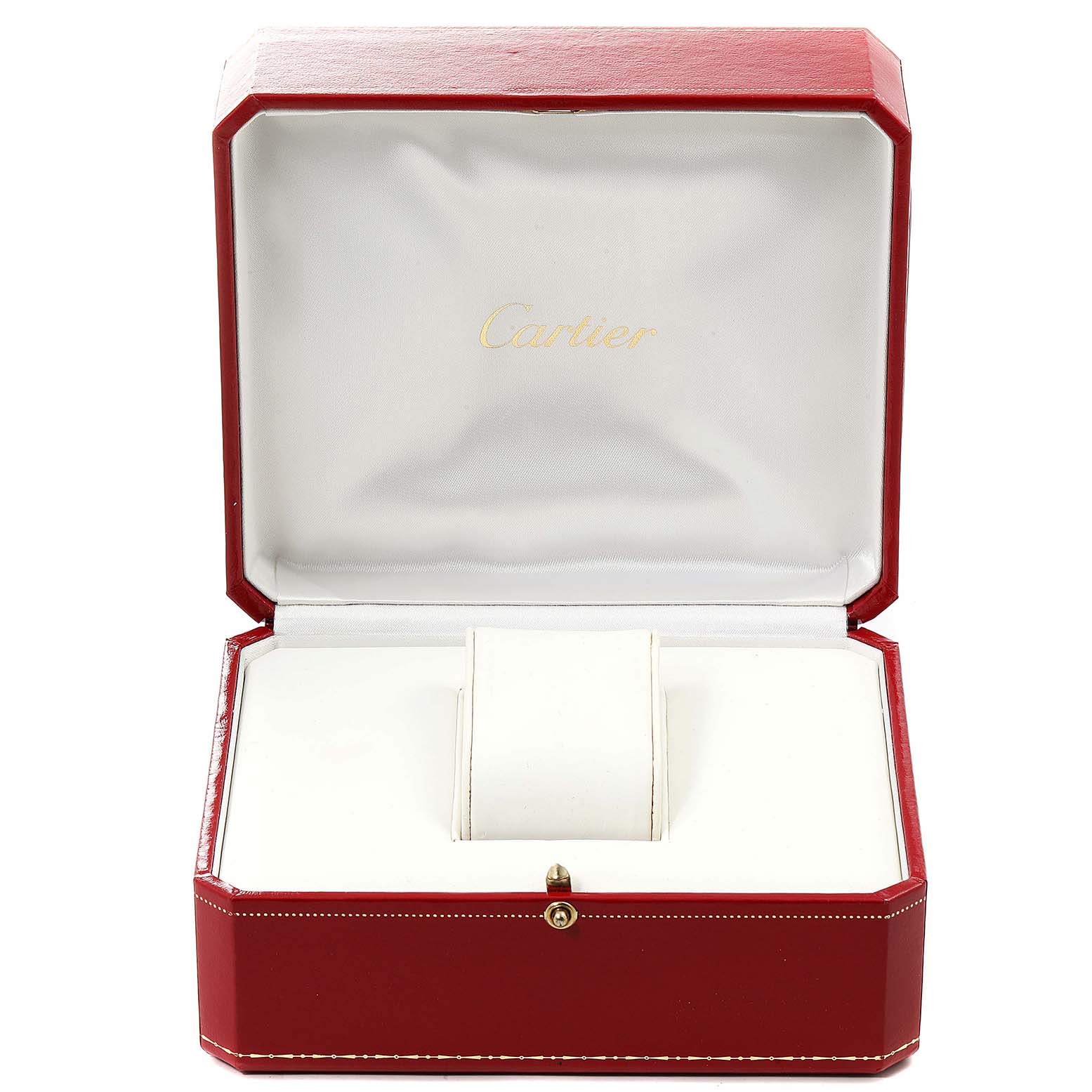 This image shows an open Cartier Panthere 1280 Women's Yellow Gold Silver Dial 1280 Women's Yellow Gold Silver Dial watch box from the front angle.