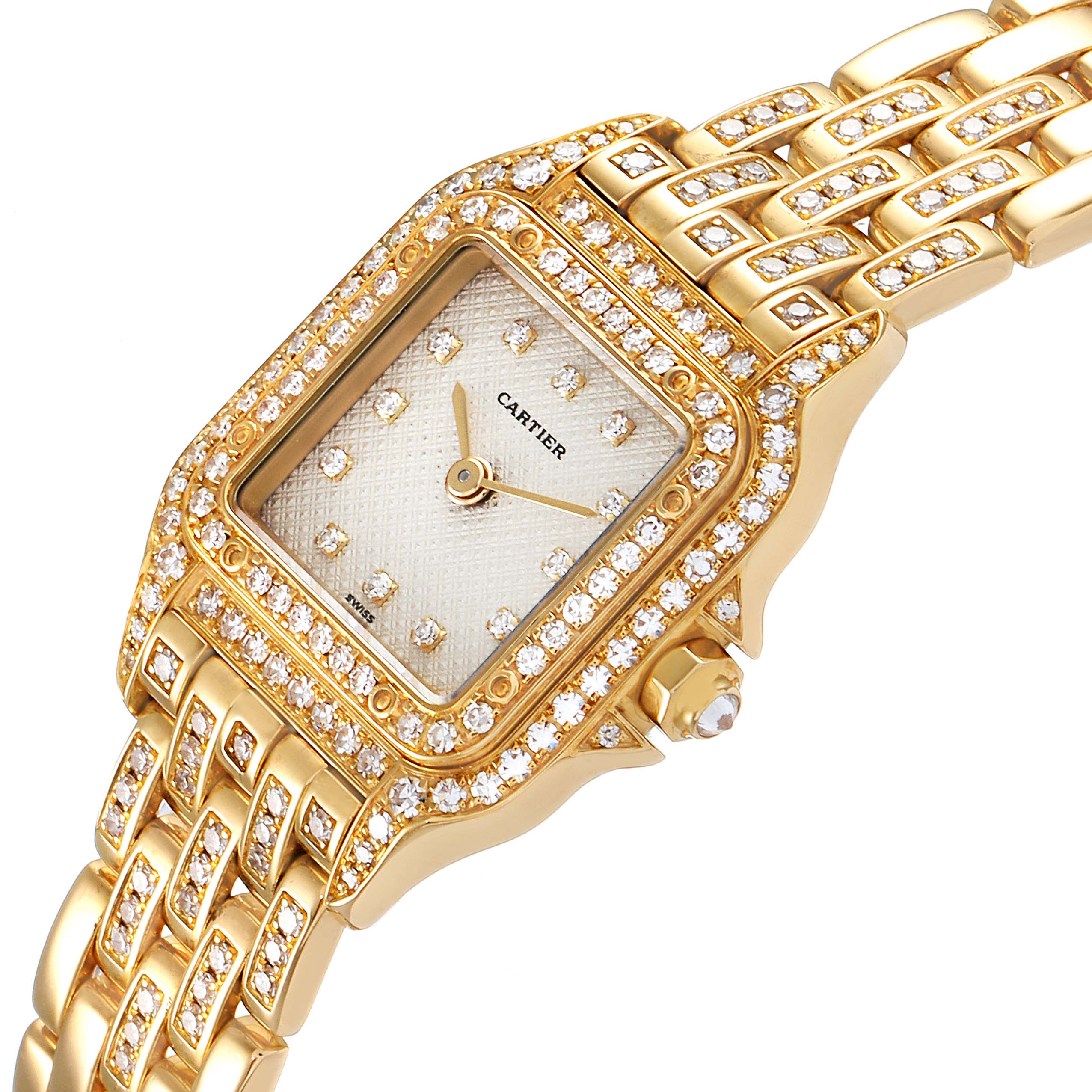 The image shows a close-up of the Panthere de Cartier watch, highlighting its diamond-encrusted bezel and gold bracelet.