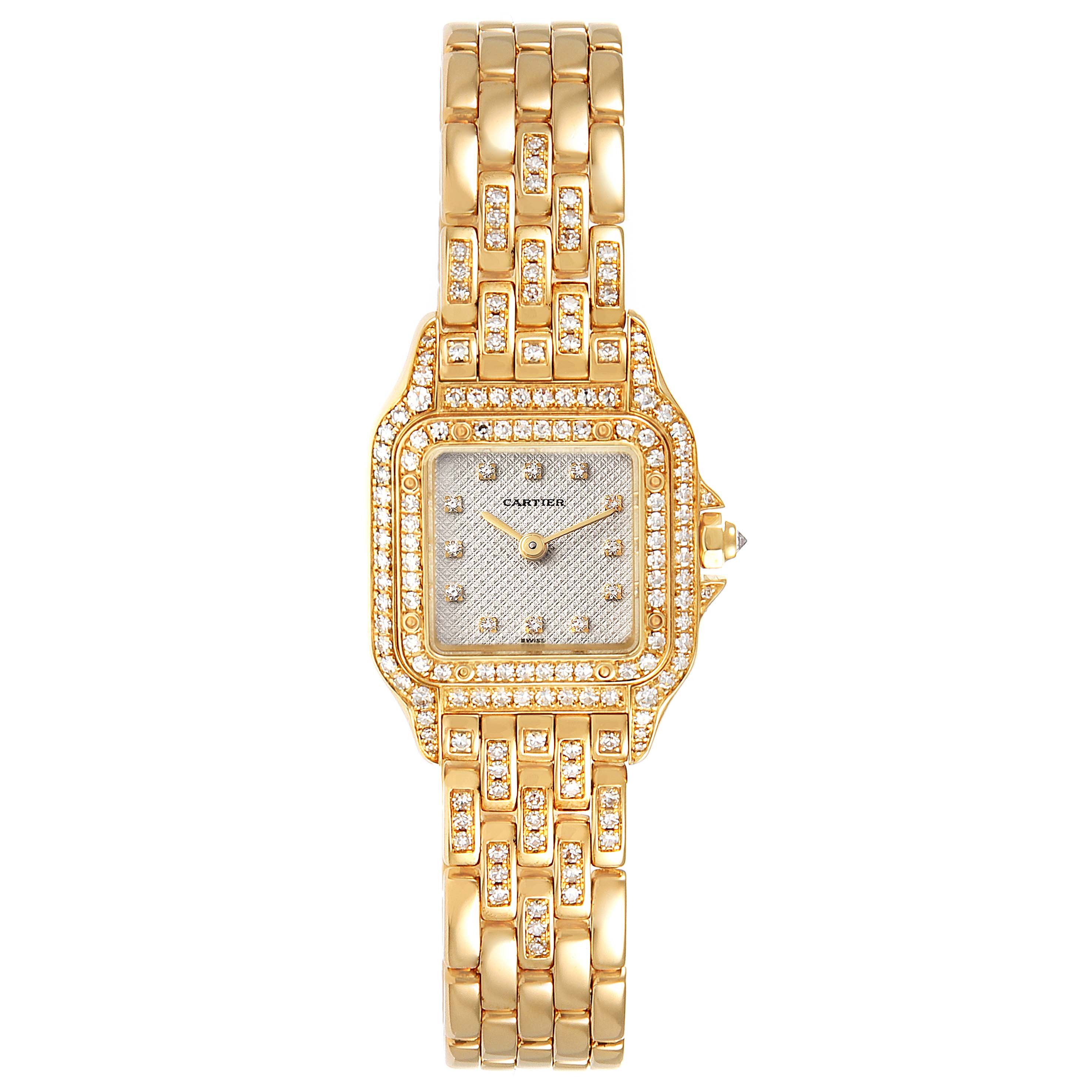 The image shows a front view of a Cartier Panthere 1280 Women's Yellow Gold Silver Dial 1280 Women's Yellow Gold Silver Dial model watch, highlighting its gold bracelet and diamond-encrusted bezel and dial.
