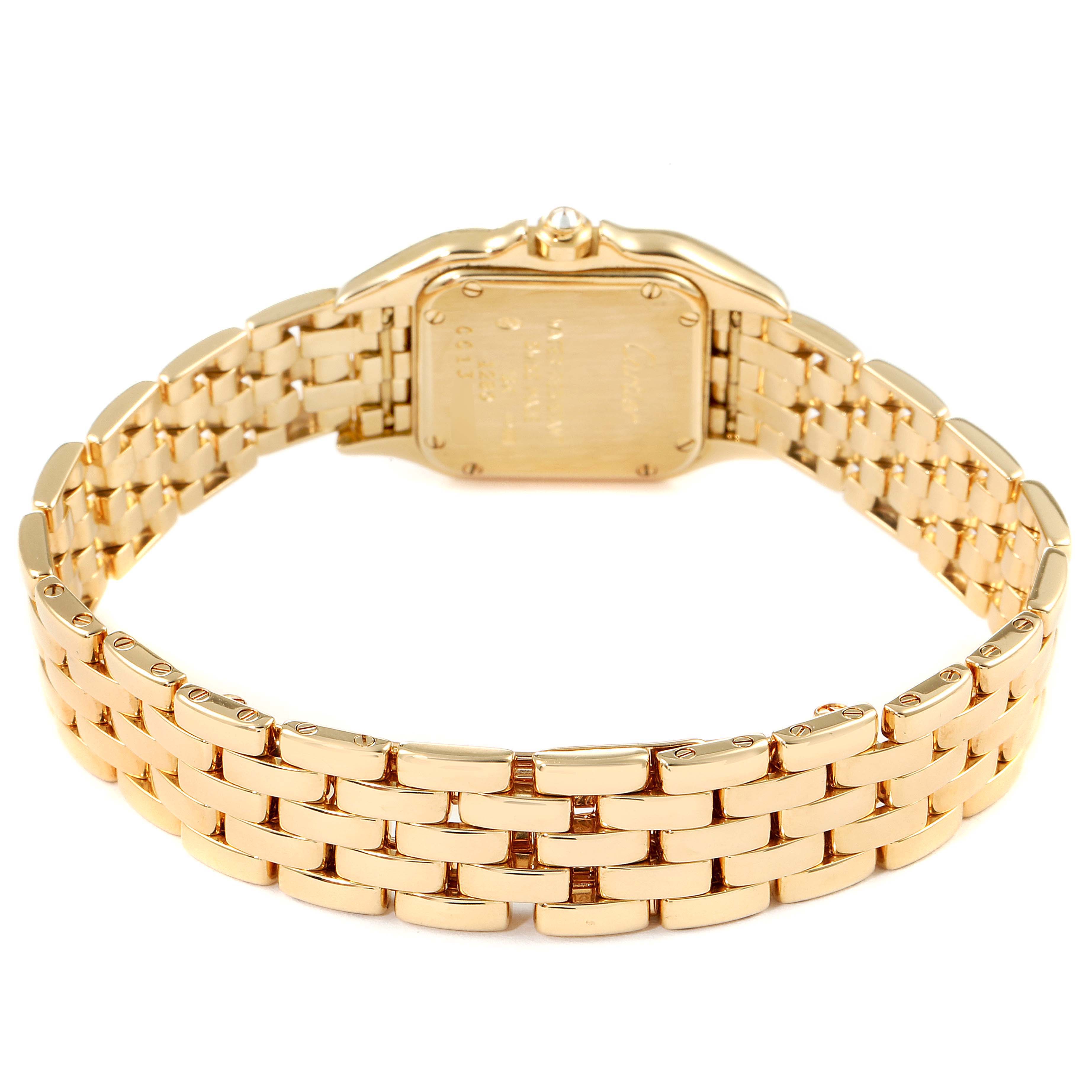 This image shows the back and bracelet of a Cartier Panthere 1280 Women's Yellow Gold Silver Dial 1280 Women's Yellow Gold Silver Dial watch from a rear, partially angled view.
