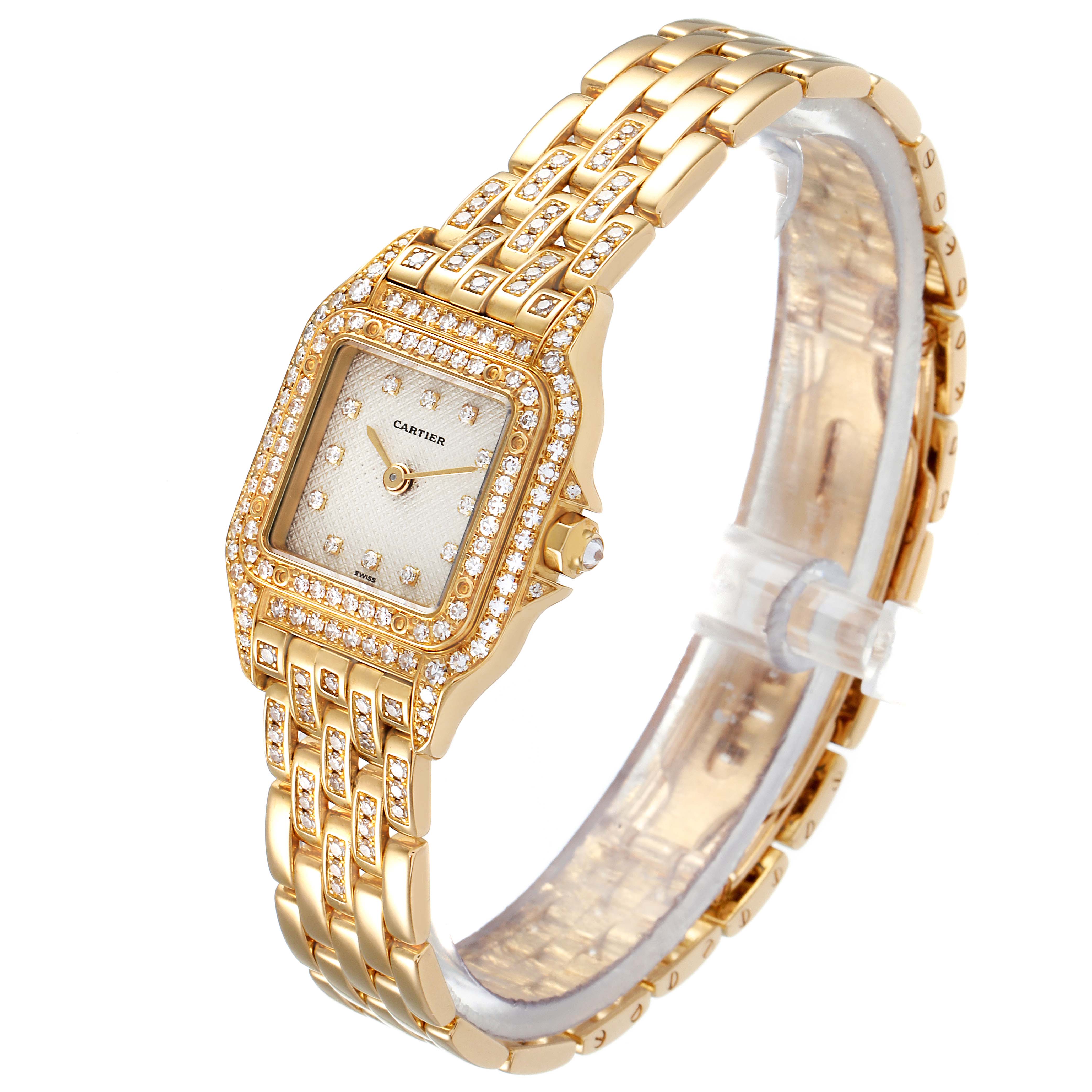 The image shows a close-up angle of the Cartier Panthere 1280 Women's Yellow Gold Silver Dial 1280 Women's Yellow Gold Silver Dial watch, highlighting its gold bracelet and diamond-set case and dial.