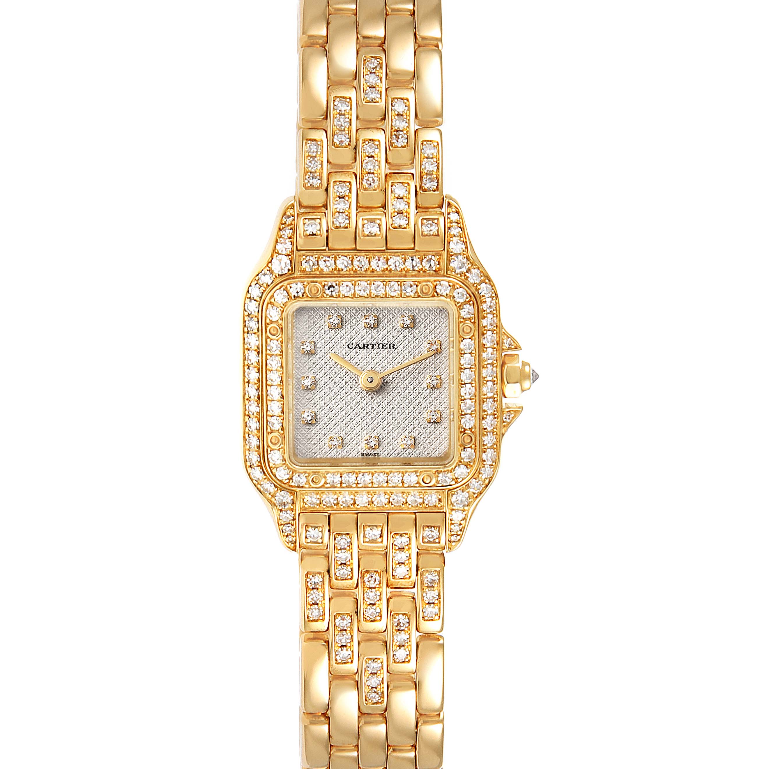 This image shows a Cartier Panthere 1280 Women's Yellow Gold Silver Dial 1280 Women's Yellow Gold Silver Dial model watch from a top-down angle, highlighting its gold and diamond-adorned face and bracelet.