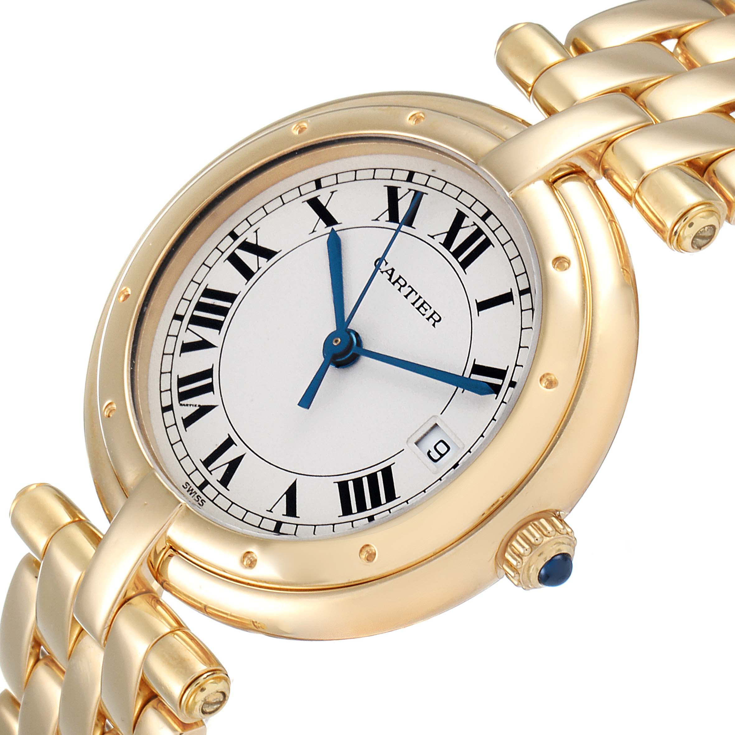 This image shows the face and part of the bracelet of a Cartier Panthere 883964 Women's Yellow Gold Silver Dial 883964 Women's Yellow Gold Silver Dial watch, angled slightly from the front-right.