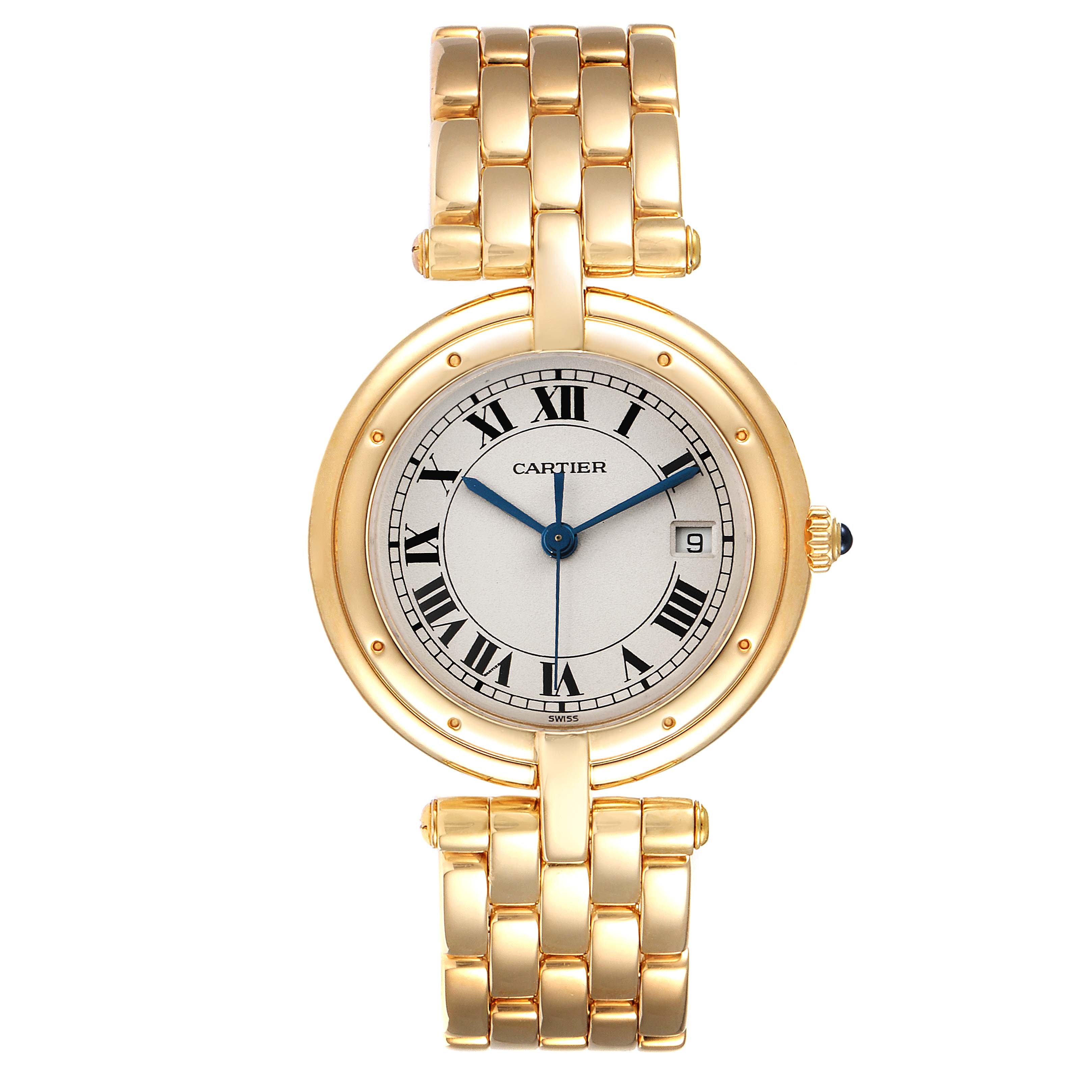 This image shows a Cartier Panthere 883964 Women's Yellow Gold Silver Dial 883964 Women's Yellow Gold Silver Dial watch, photographed from the front, displaying the face, bezel, and gold bracelet.