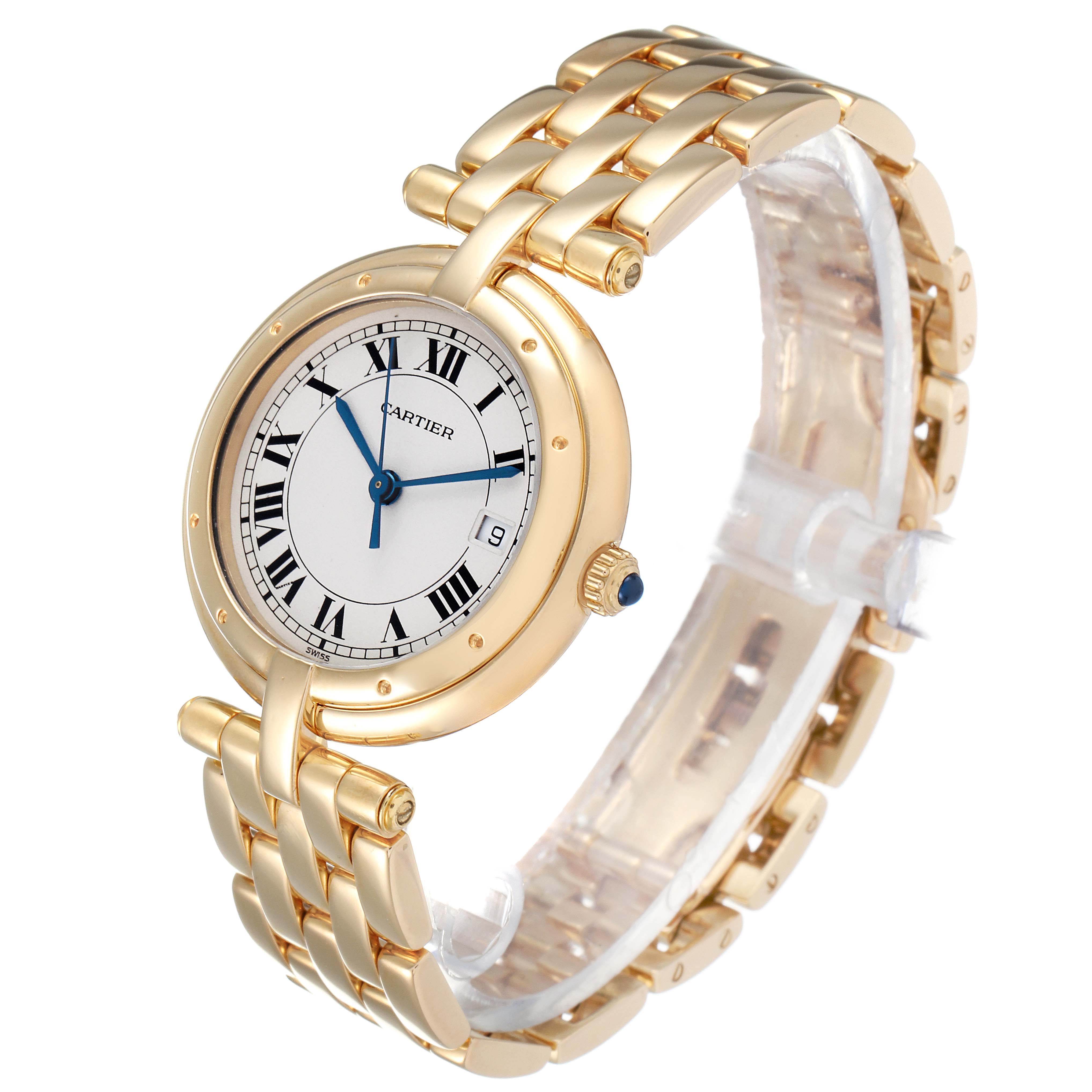 The image shows a Panthere model watch by Cartier from a side angle, highlighting the gold bracelet and round face with Roman numerals.