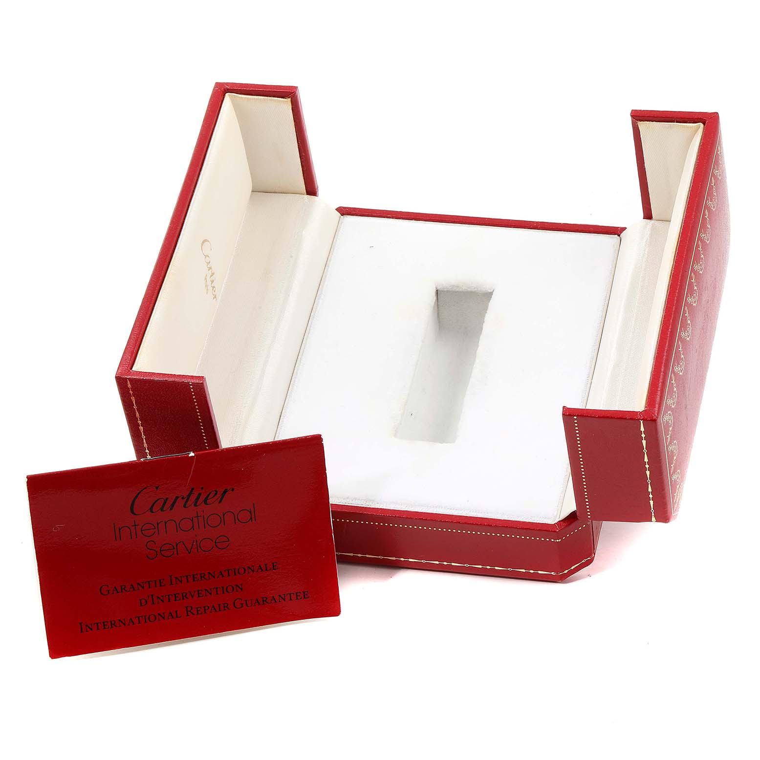 The image shows an open Cartier Panthere 883964 Women's Yellow Gold Silver Dial 883964 Women's Yellow Gold Silver Dial watch box and international service guarantee card.