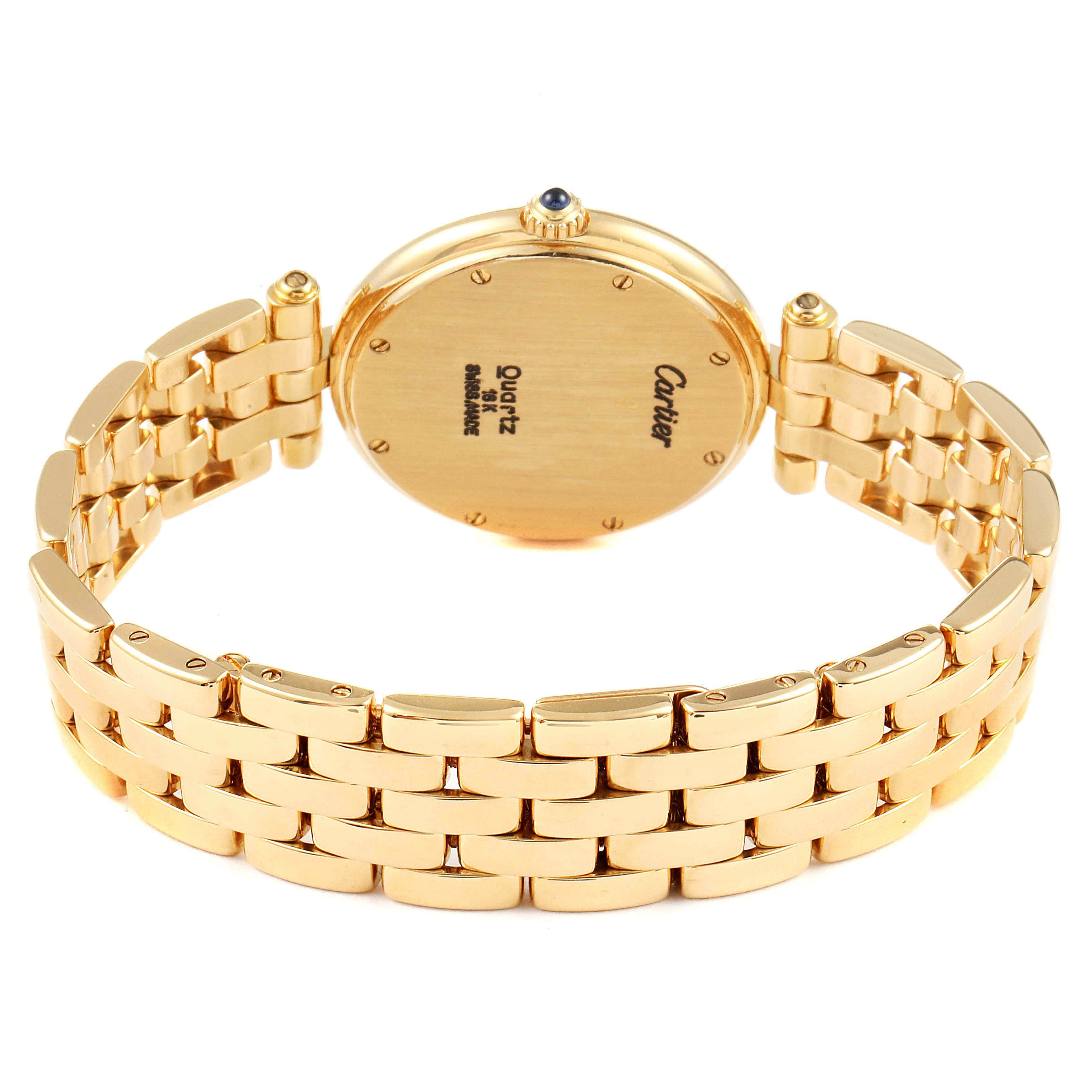 The image shows the back view of the Cartier Panthere 883964 Women's Yellow Gold Silver Dial 883964 Women's Yellow Gold Silver Dial watch, highlighting its gold bracelet and case back.