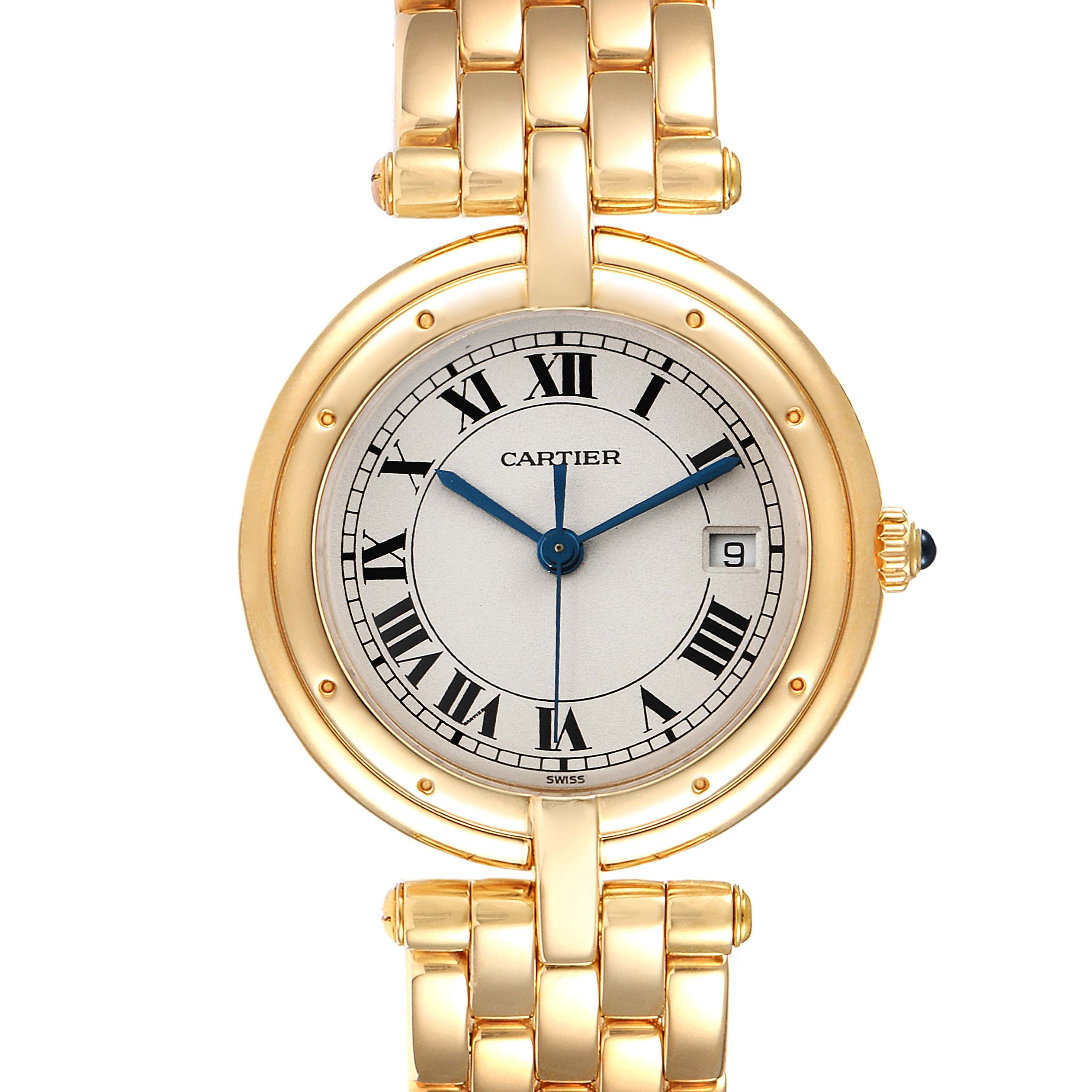 This is a close-up front view of the Cartier Panthere 883964 Women's Yellow Gold Silver Dial 883964 Women's Yellow Gold Silver Dial watch displaying the face, bracelet, and crown.