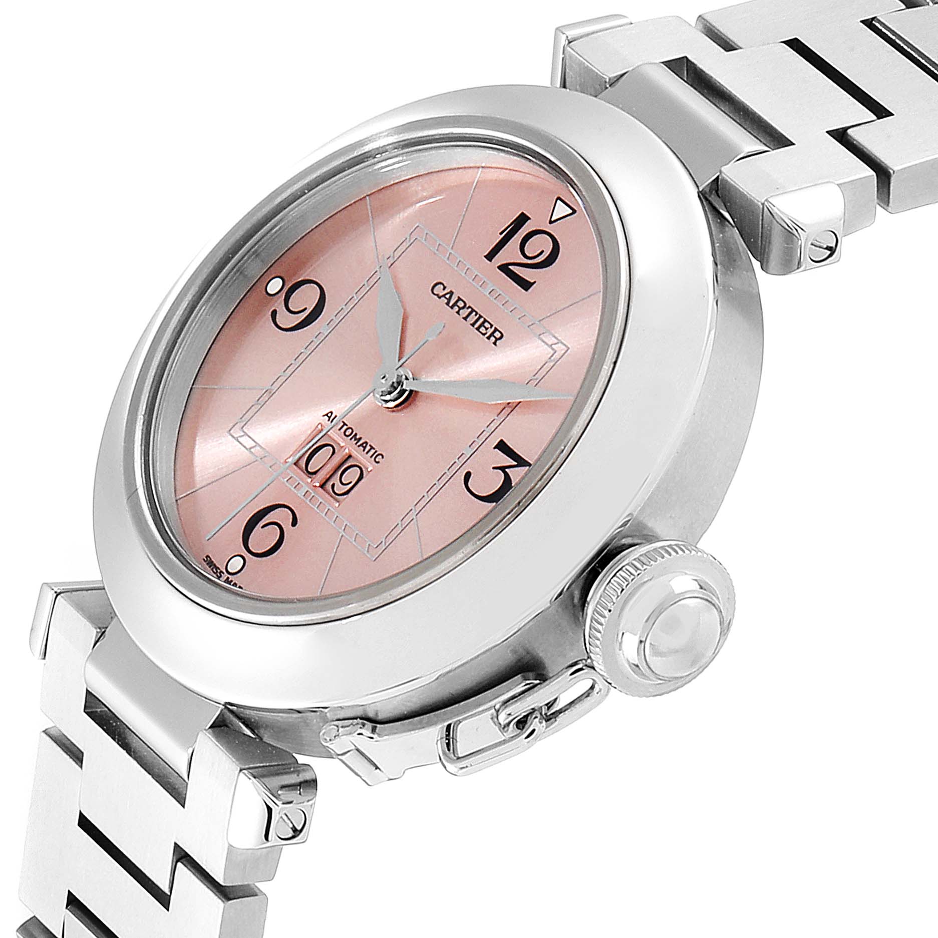 The Cartier Pasha W31058M7 Women
s Stainless Steel Pink Dial W31058M7 Women
s Stainless Steel Pink Dial watch is shown from an angled view focusing on the dial, bezel, crown, and part of the bracelet.
