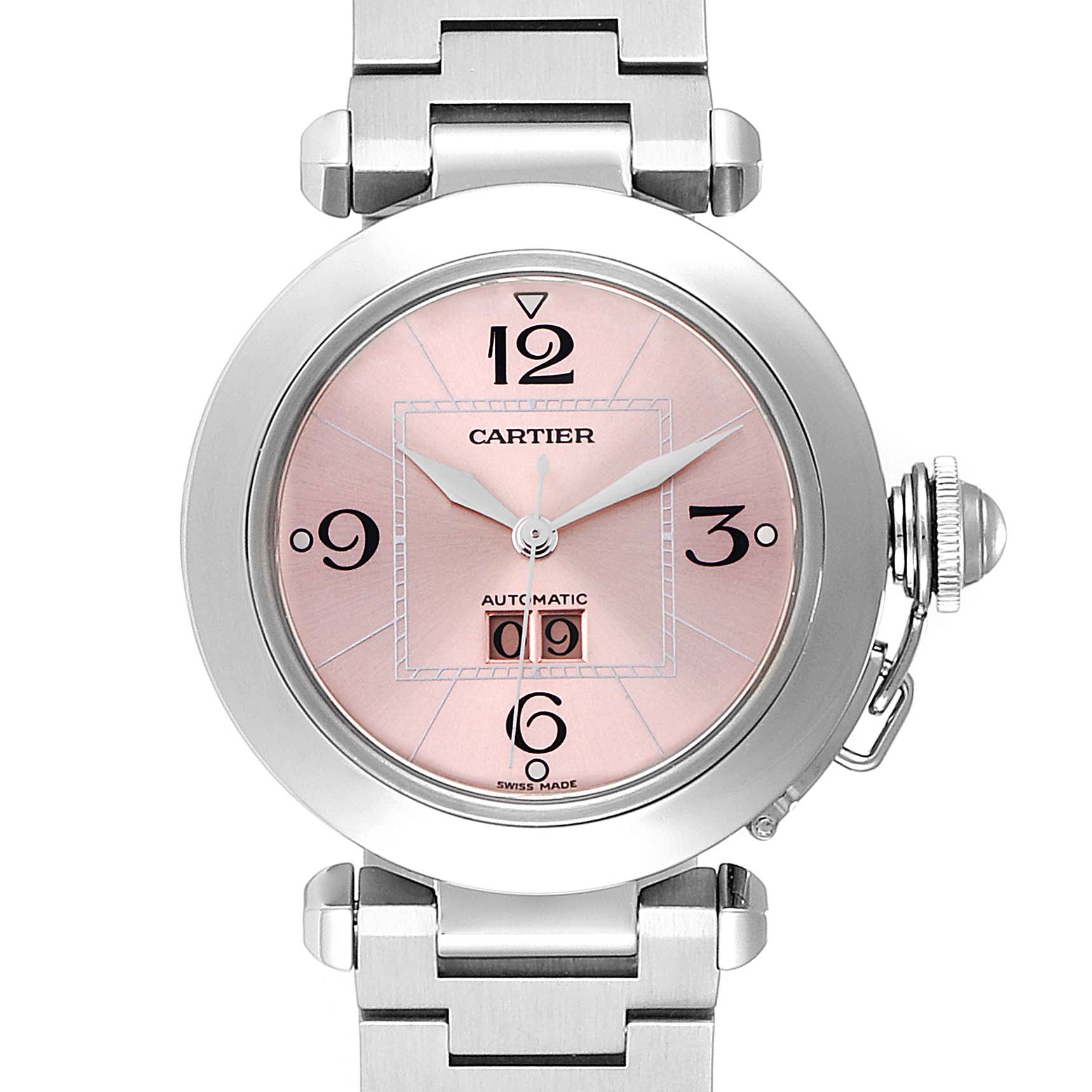 This image shows the front view of a Cartier Pasha W31058M7 Women
s Stainless Steel Pink Dial W31058M7 Women
s Stainless Steel Pink Dial watch featuring a pink dial and stainless steel bracelet.