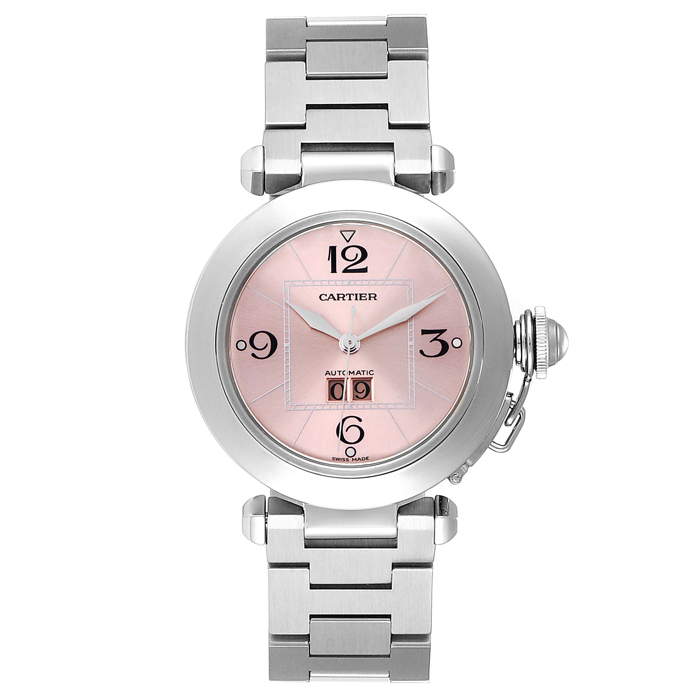 This image shows a front view of a Cartier Pasha W31058M7 Women
s Stainless Steel Pink Dial W31058M7 Women
s Stainless Steel Pink Dial watch with a pink dial and metal bracelet.