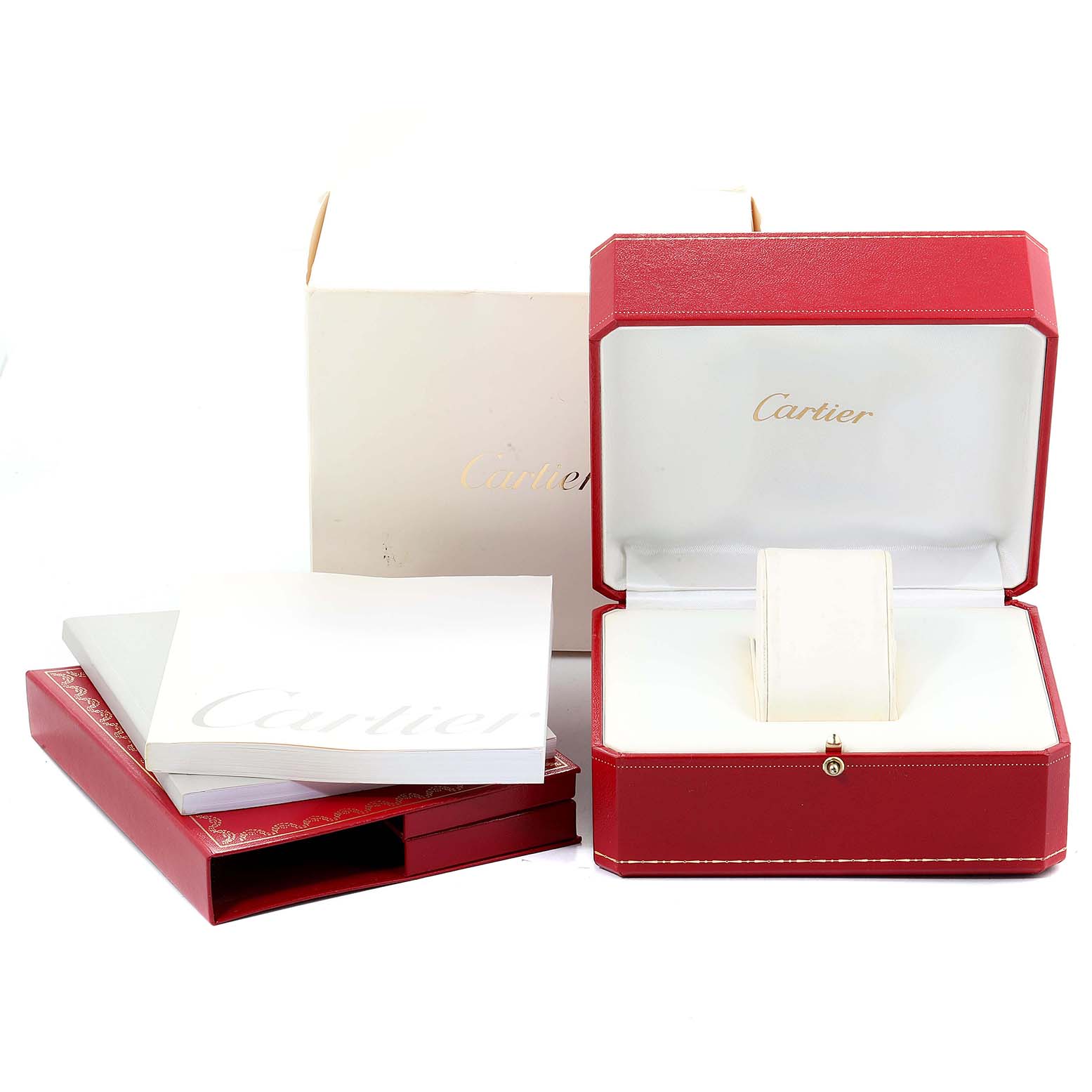 The image shows the open box and packaging of a Cartier Pasha W31058M7 Women
s Stainless Steel Pink Dial W31058M7 Women
s Stainless Steel Pink Dial watch, including manuals and the exterior box.