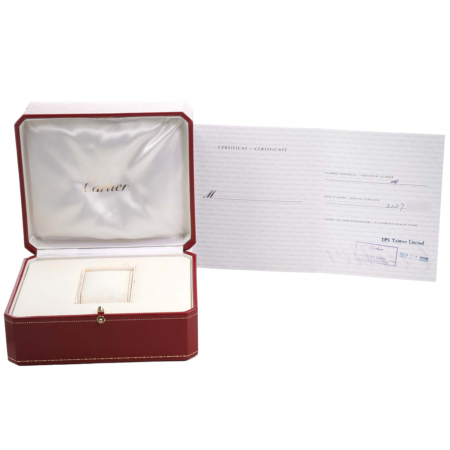 The image shows an open Cartier Pasha W31055M7 Men's Stainless Steel White Dial watch box and a certificate displayed next to it.