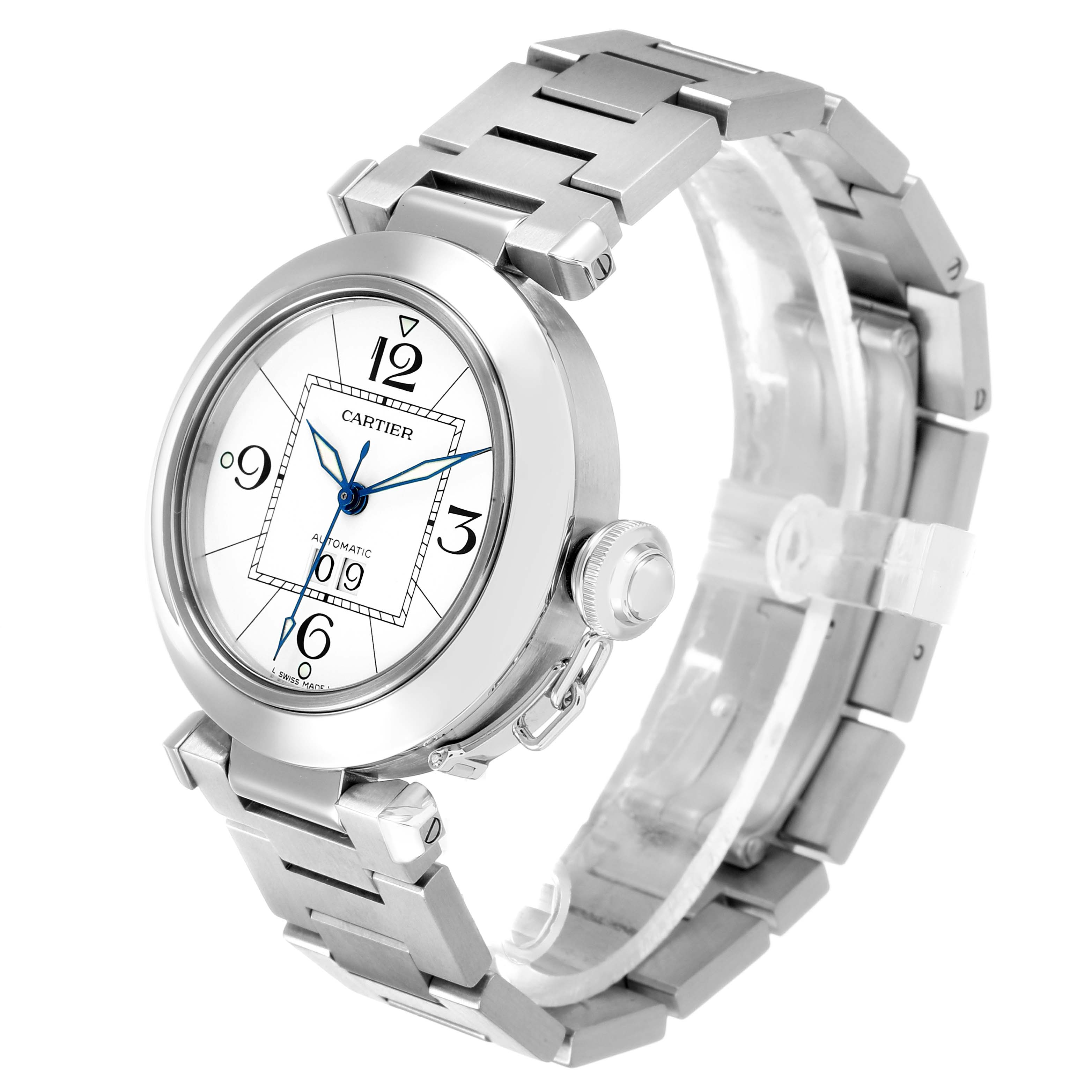 The Cartier Pasha W31055M7 Men's Stainless Steel White Dial watch is shown at a slight angle, showcasing the face, crown, and a portion of the bracelet.