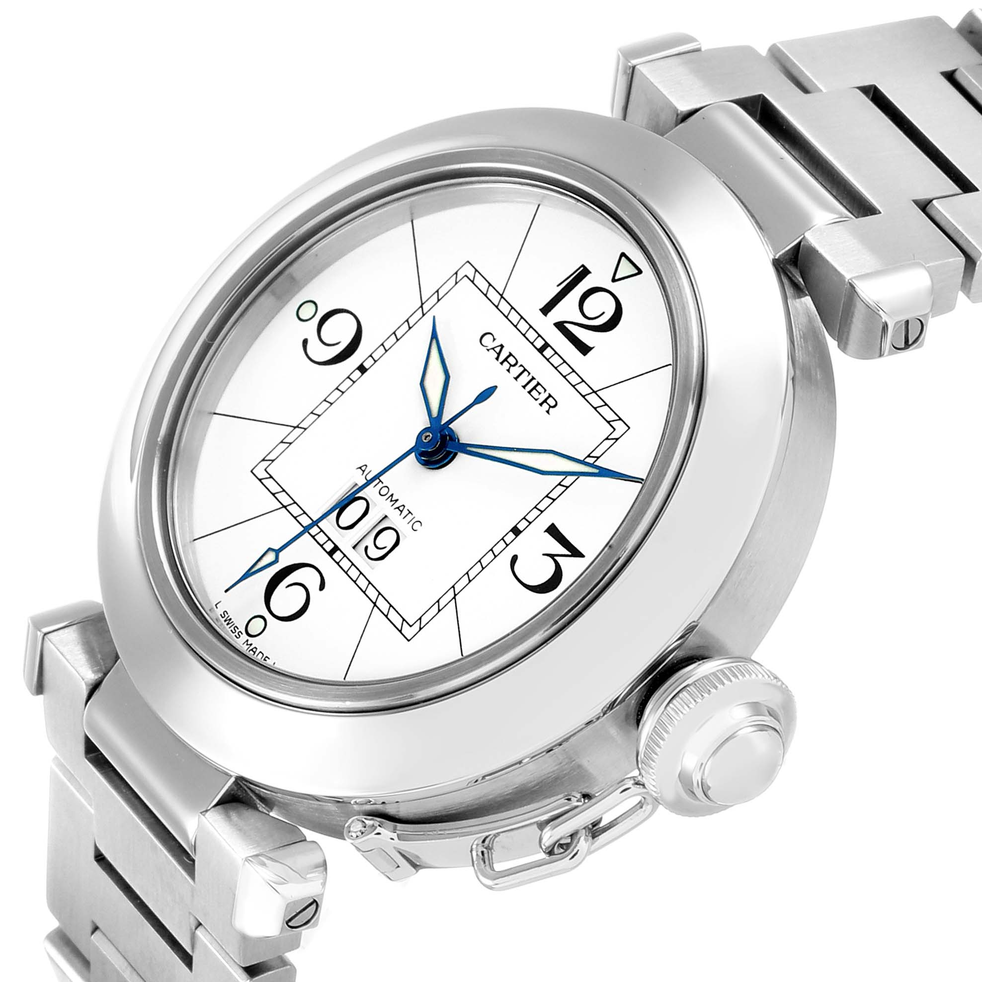 The Cartier Pasha W31055M7 Men's Stainless Steel White Dial watch is shown at an angle highlighting its face, crown, and part of the bracelet.