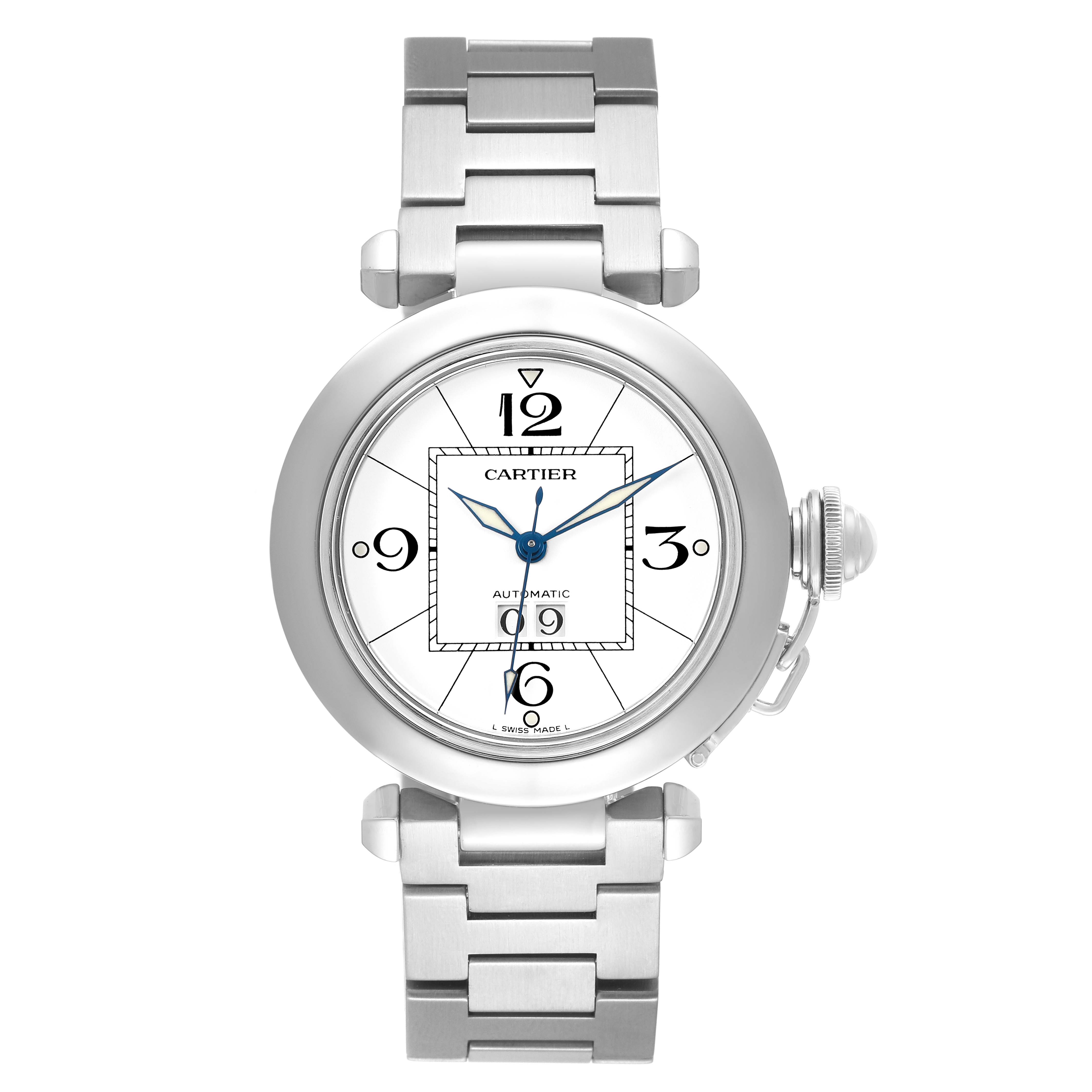 The Cartier Pasha W31055M7 Men's Stainless Steel White Dial model watch is shown from the front, displaying the dial, bezel, and part of the bracelet.