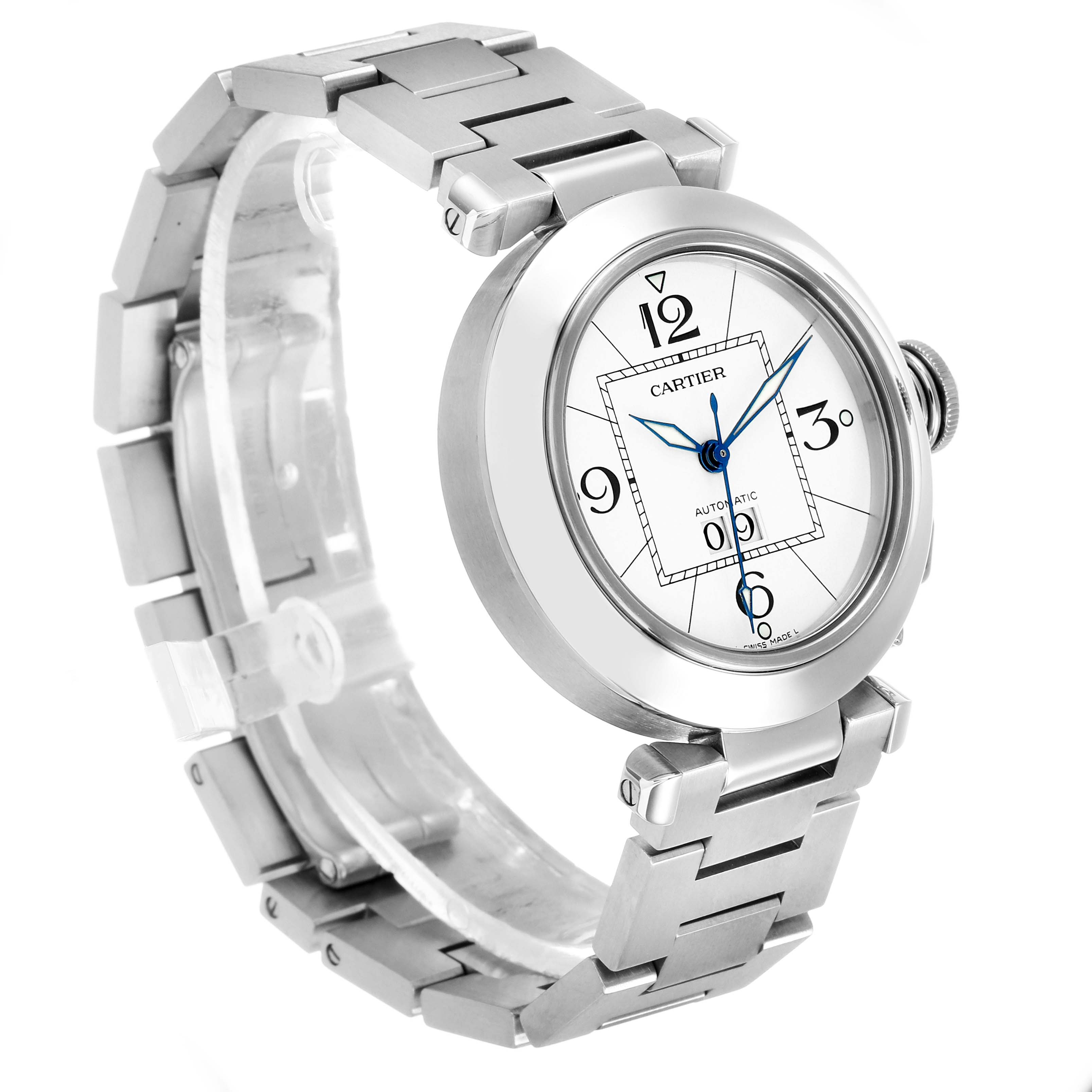 The Cartier Pasha W31055M7 Men's Stainless Steel White Dial watch is shown at a three-quarter angle, highlighting the case, bracelet, dial, and crown.