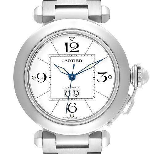 The Cartier Pasha W31055M7 Men's Stainless Steel White Dial watch is shown from a front angle, highlighting its face, crown, and part of the bracelet.