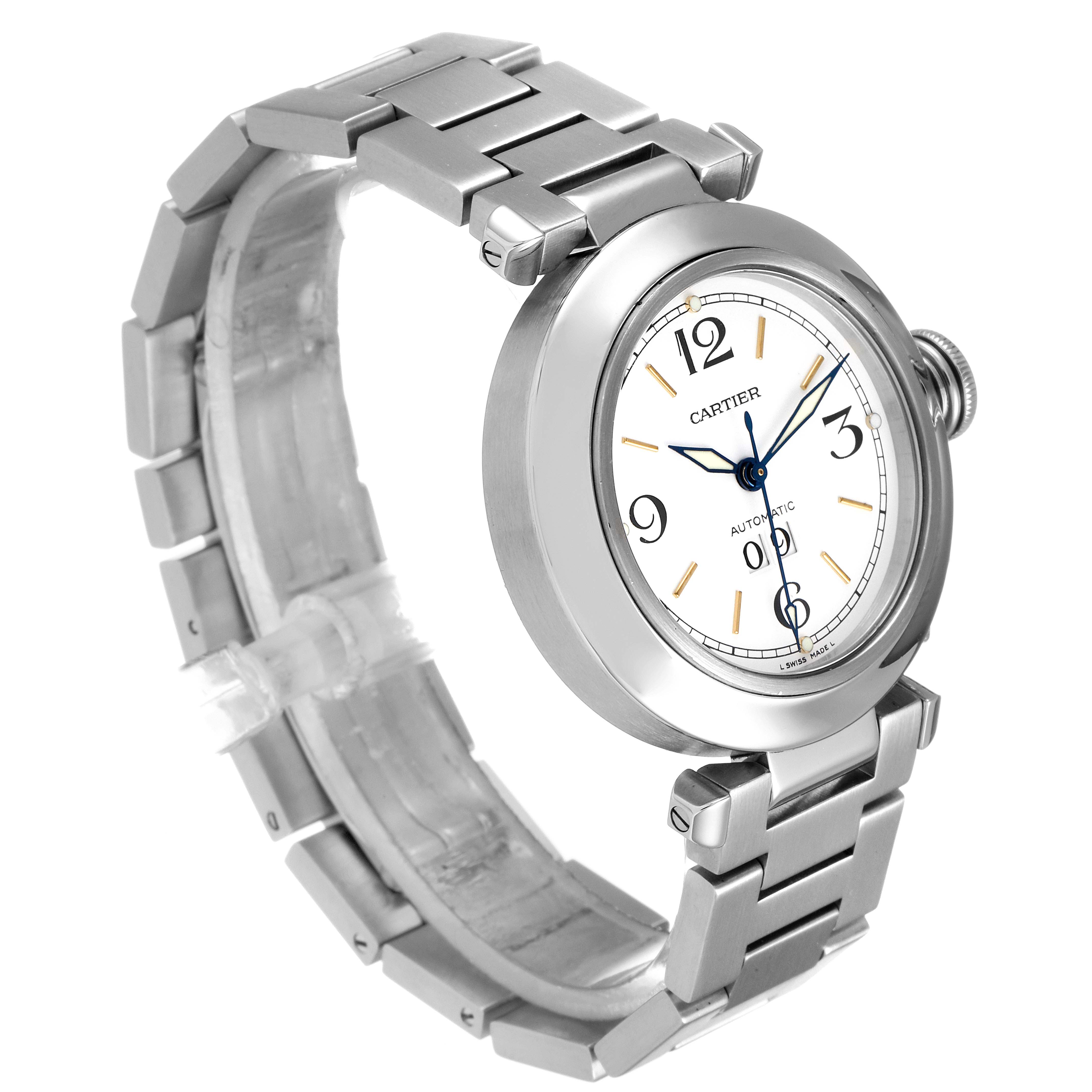The image shows a side angle of a Cartier Pasha W31044M7 Men's Stainless Steel White Dial W31044M7 Men's Stainless Steel White Dial watch, highlighting its round case, bezel, crown, and metal bracelet.