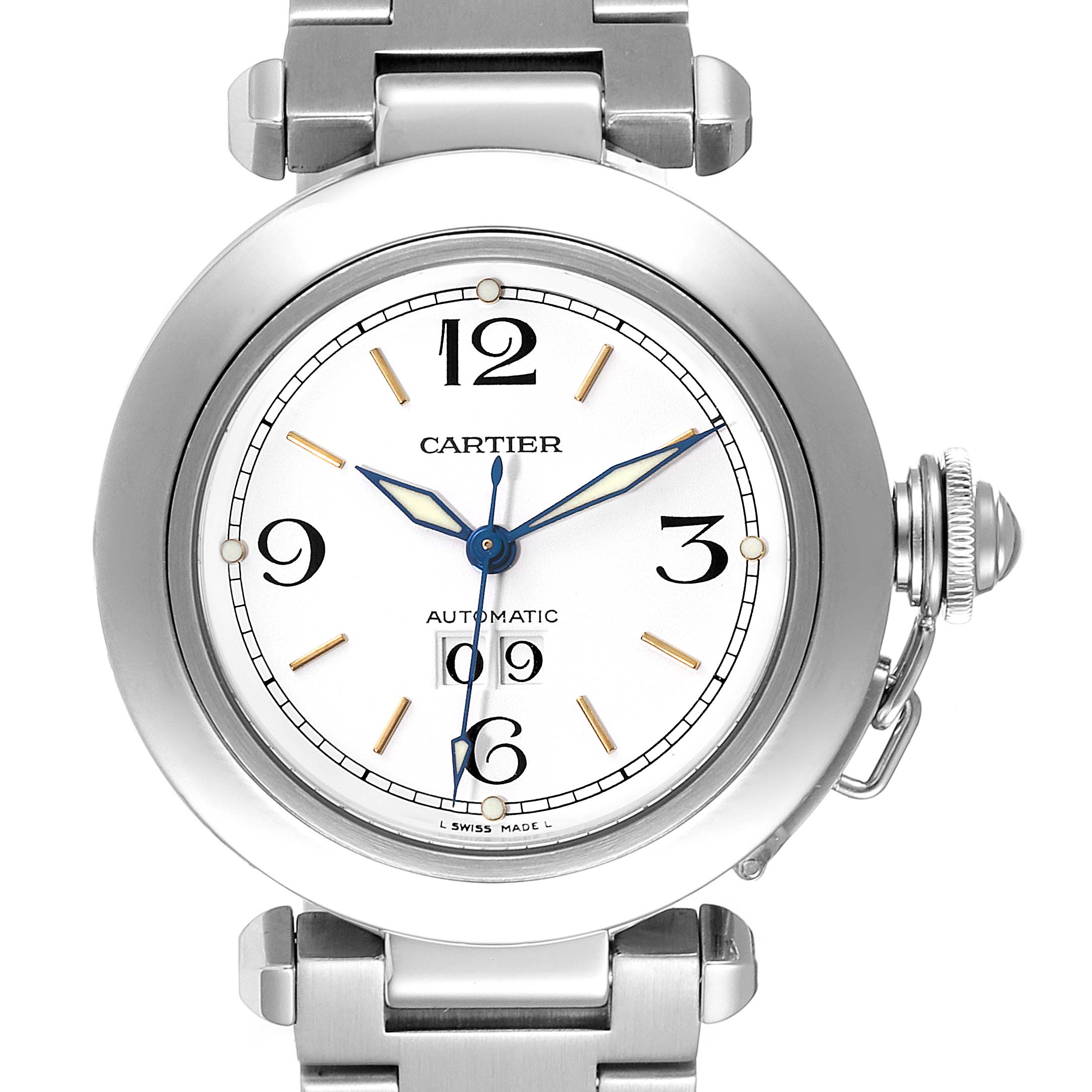 This image shows a frontal view of the Cartier Pasha W31044M7 Men's Stainless Steel White Dial W31044M7 Men's Stainless Steel White Dial model watch with a stainless steel bracelet.