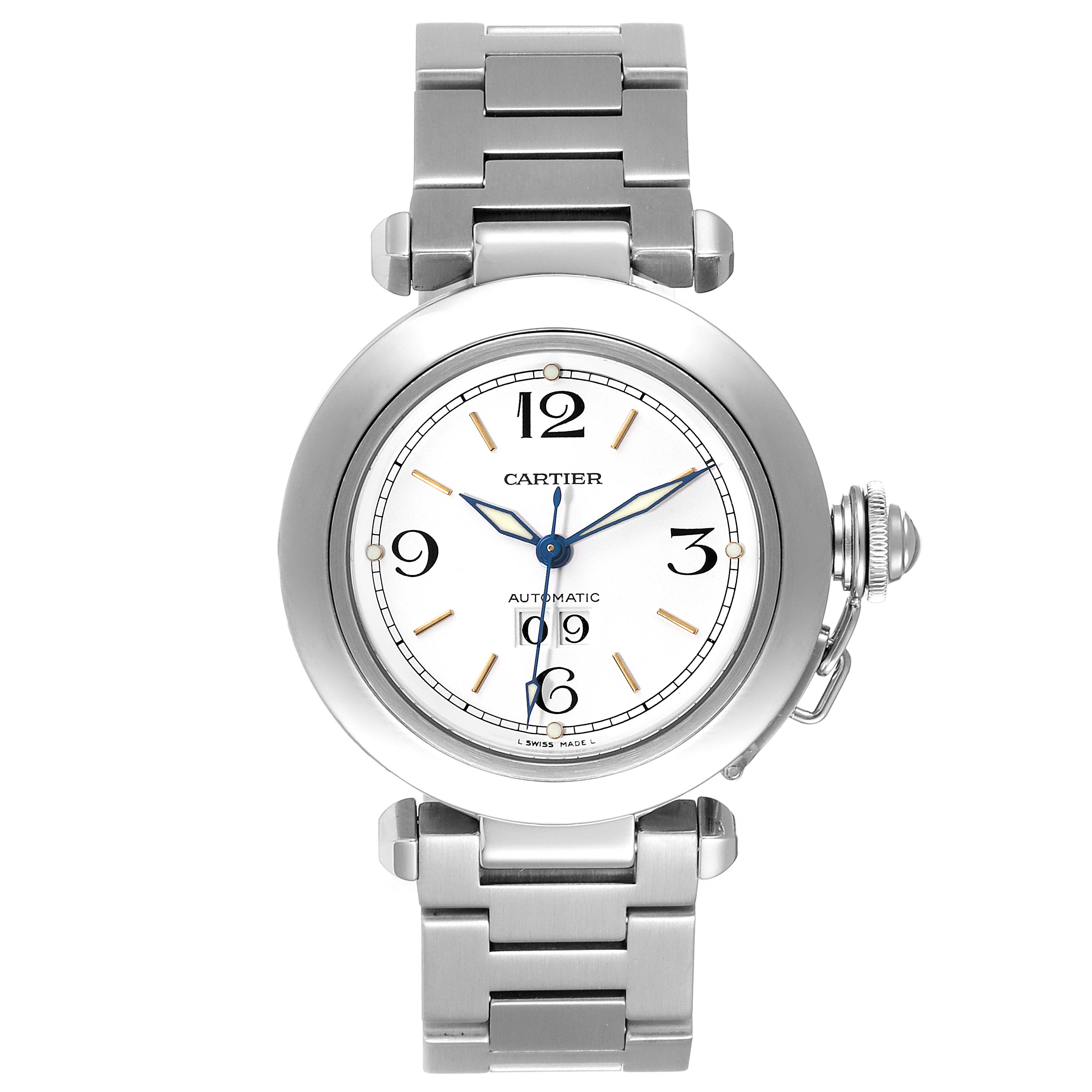 This image shows a frontal view of the Cartier Pasha W31044M7 Men's Stainless Steel White Dial W31044M7 Men's Stainless Steel White Dial watch, showcasing its round dial, Arabic numerals, and metal bracelet.