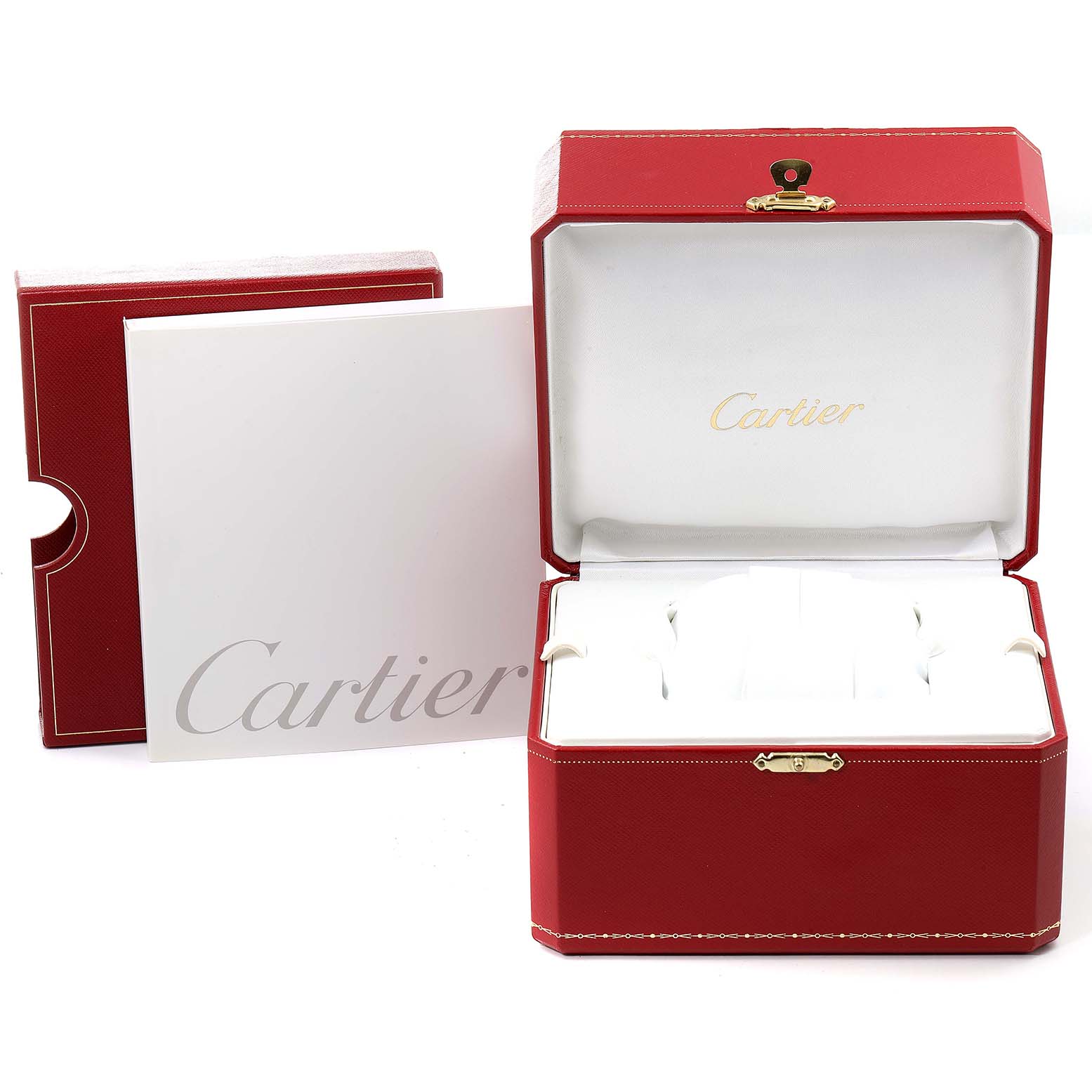 This image shows the red packaging box of a Cartier Pasha W31044M7 Men's Stainless Steel White Dial W31044M7 Men's Stainless Steel White Dial watch, including the outer box, inner cushion, and booklet.