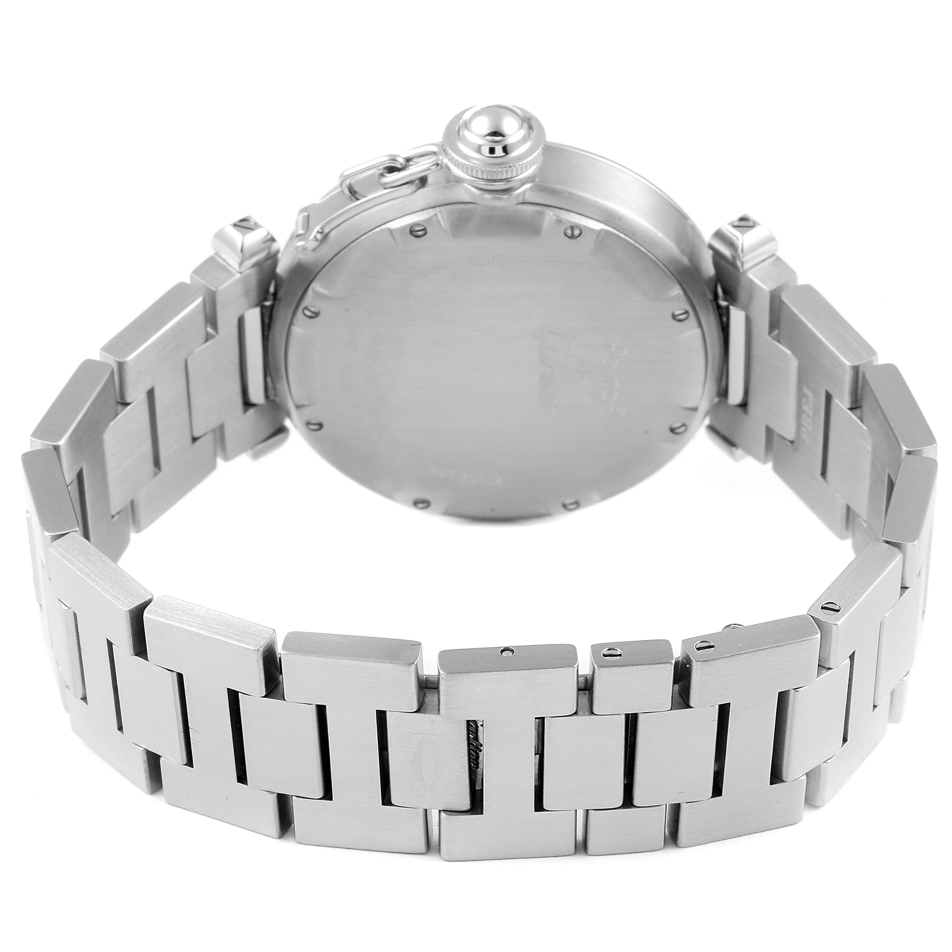 This image shows the back case and bracelet of a Cartier Pasha W31044M7 Men's Stainless Steel White Dial W31044M7 Men's Stainless Steel White Dial watch from a rear angle.