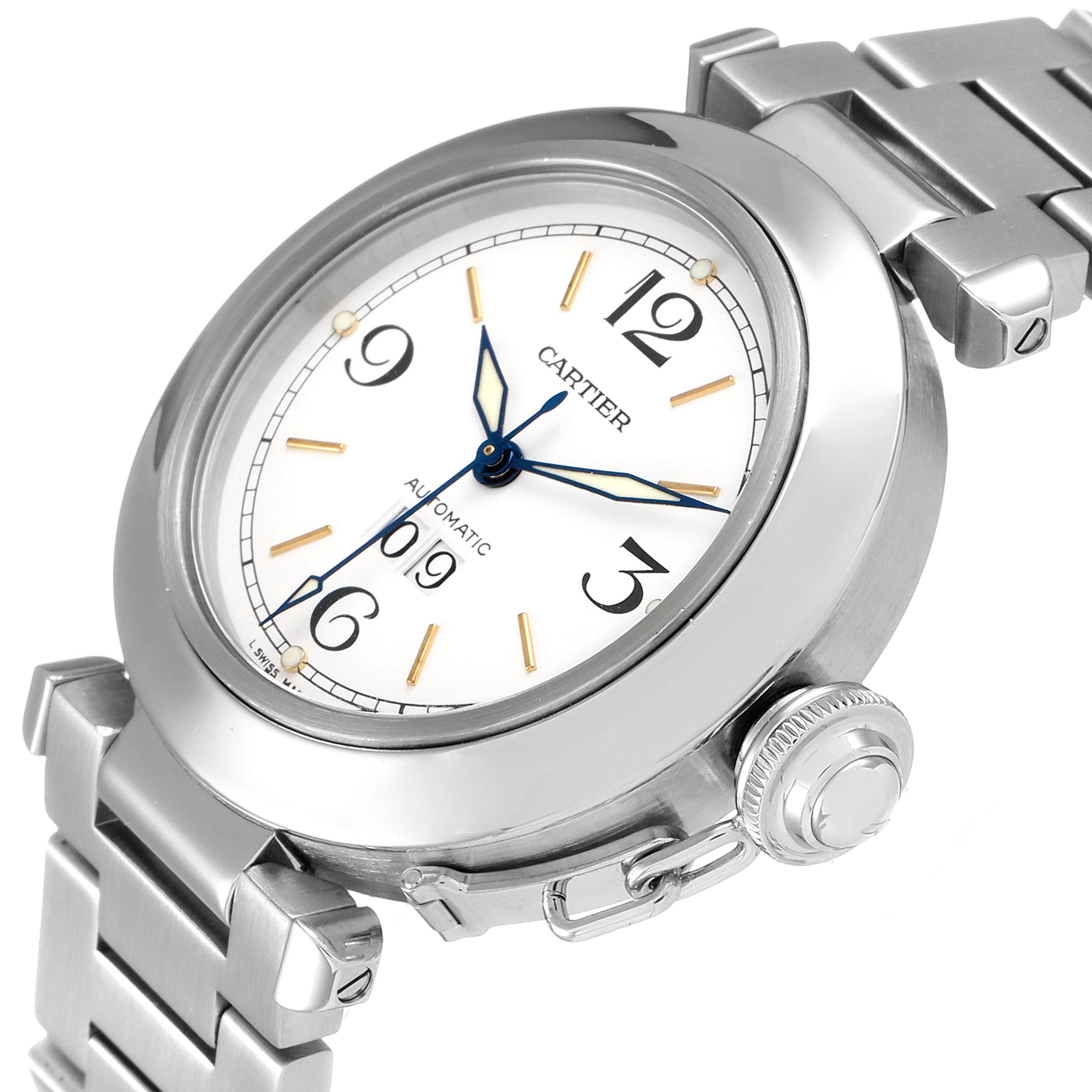 This image shows a close-up angle of a Cartier Pasha W31044M7 Men's Stainless Steel White Dial W31044M7 Men's Stainless Steel White Dial watch, highlighting the face, bezel, crown, and part of the bracelet.