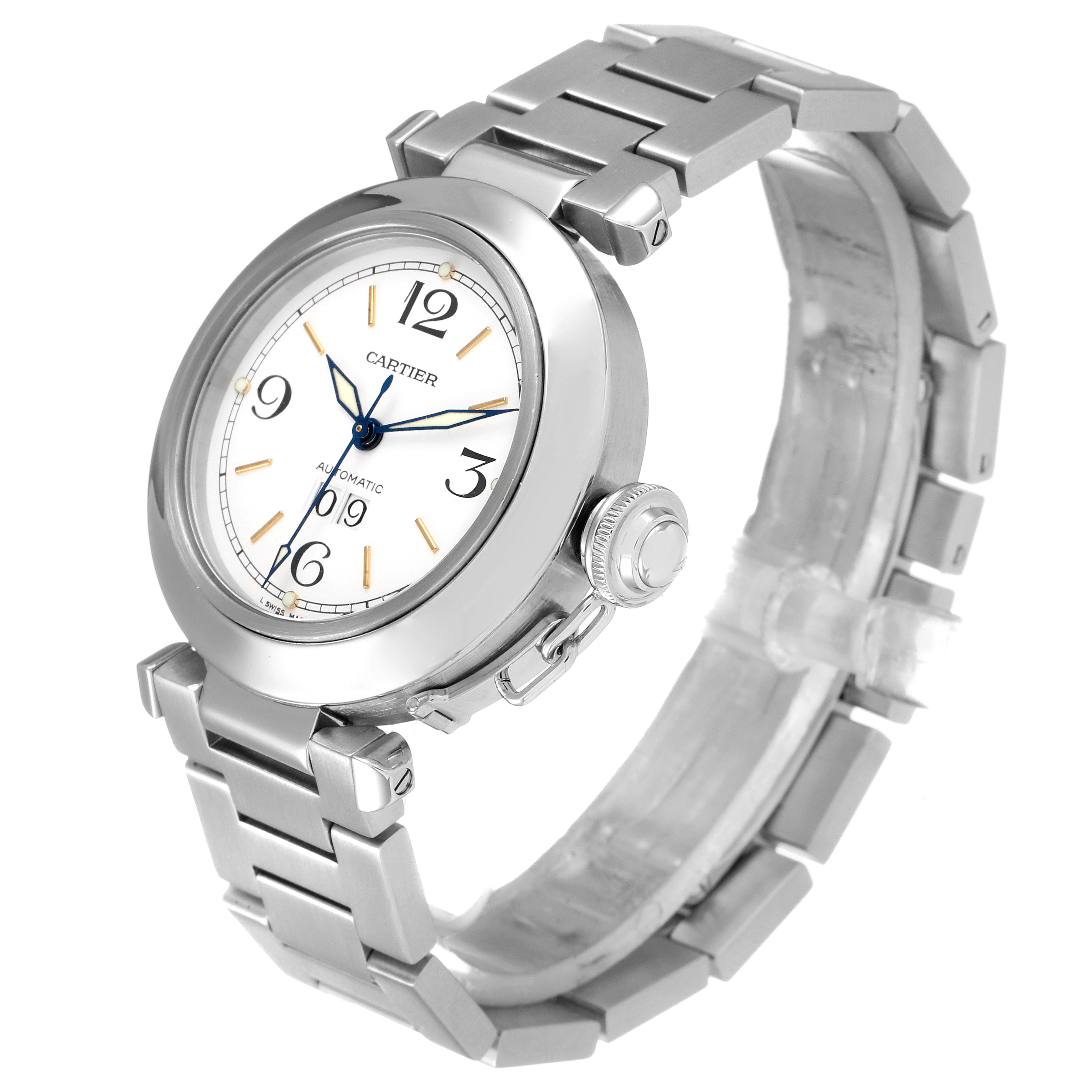 The Cartier Pasha W31044M7 Men's Stainless Steel White Dial W31044M7 Men's Stainless Steel White Dial watch is shown at a three-quarter angle, displaying the face, bezel, and part of the metal bracelet.