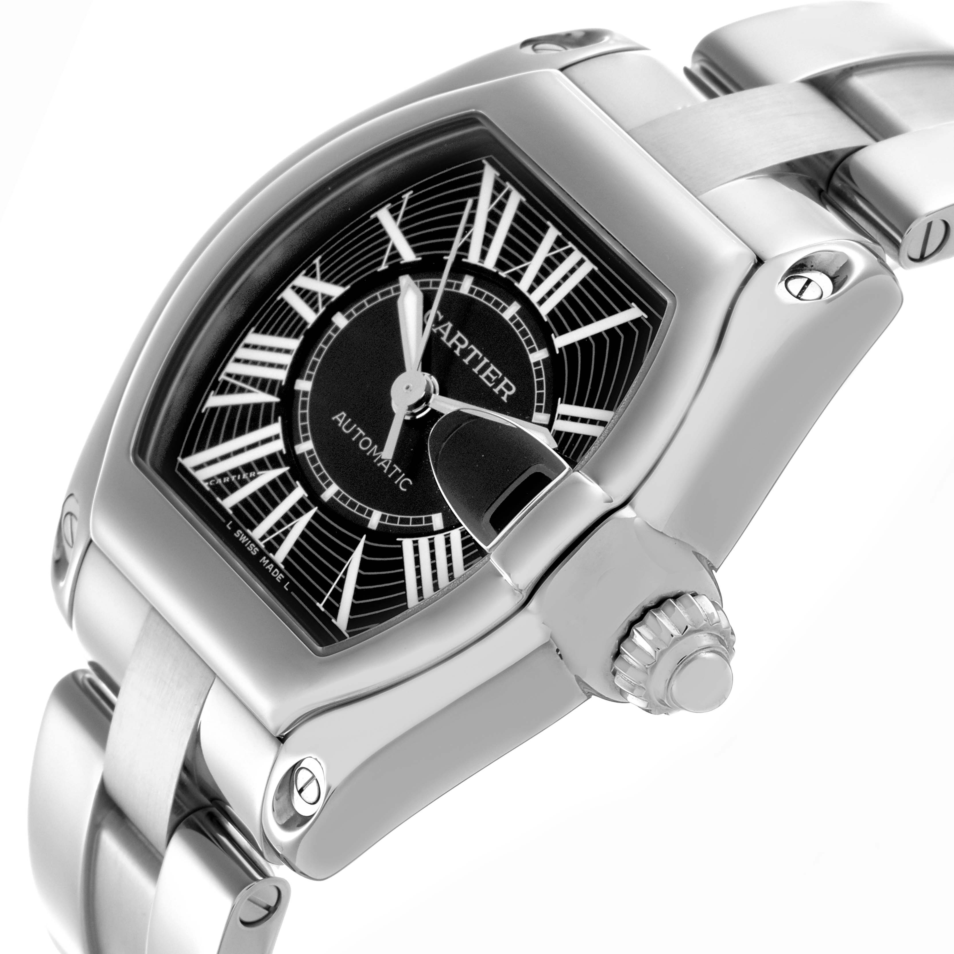 The Cartier Roadster W62041V3 Men
s Stainless Steel Black Dial W62041V3 Men
s Stainless Steel Black Dial watch is shown at a diagonal angle, highlighting the dial, crown, and bracelet.