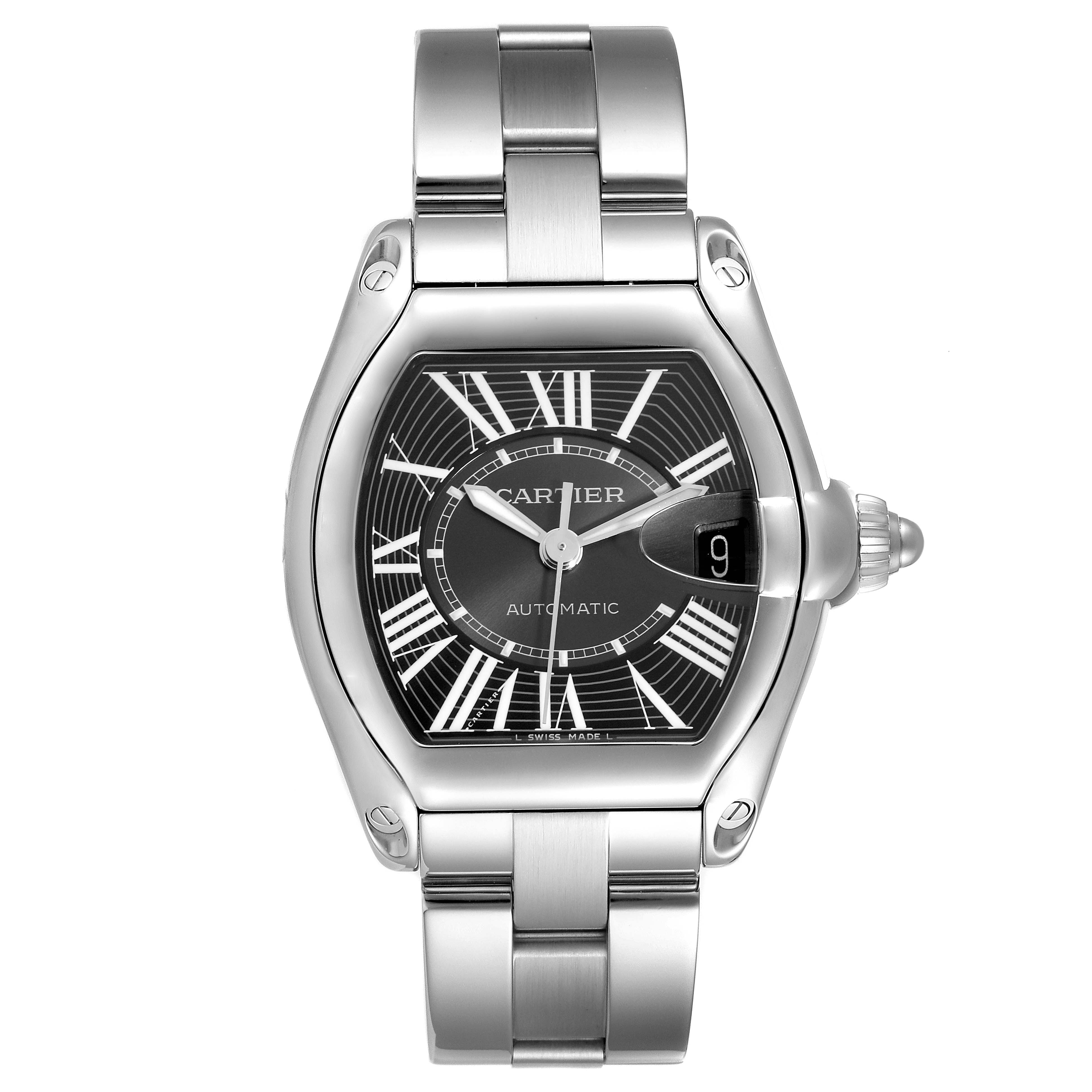 The Cartier Roadster W62041V3 Men
s Stainless Steel Black Dial W62041V3 Men
s Stainless Steel Black Dial watch is shown from the front, displaying the face, Roman numerals, crown, and stainless steel bracelet.