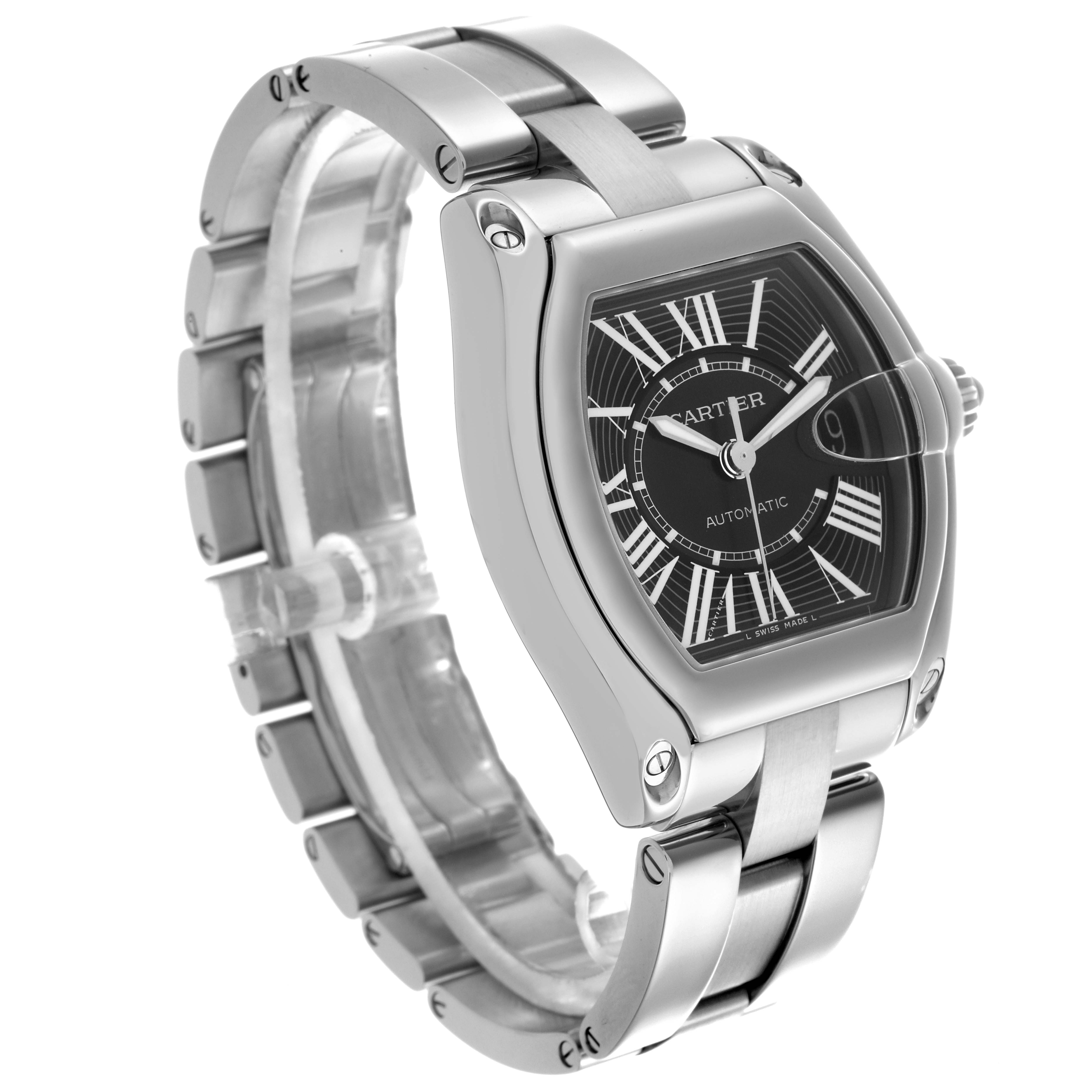 The Cartier Roadster W62041V3 Men
s Stainless Steel Black Dial W62041V3 Men
s Stainless Steel Black Dial watch is shown at an angled view, highlighting the band, bezel, and Roman numeral dial.