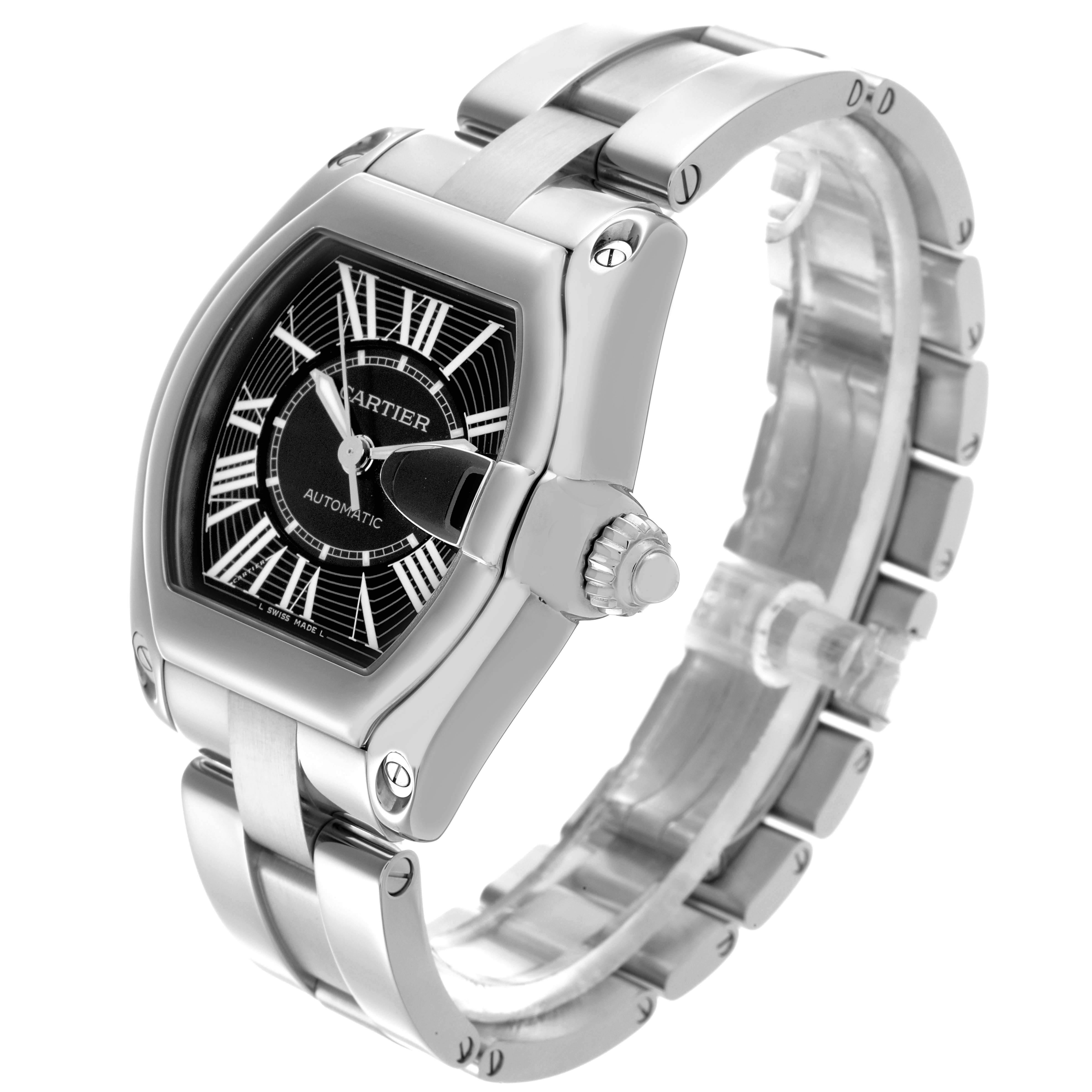 The Cartier Roadster W62041V3 Men
s Stainless Steel Black Dial W62041V3 Men
s Stainless Steel Black Dial watch is shown at a three-quarter angle, highlighting the dial, crown, and bracelet.