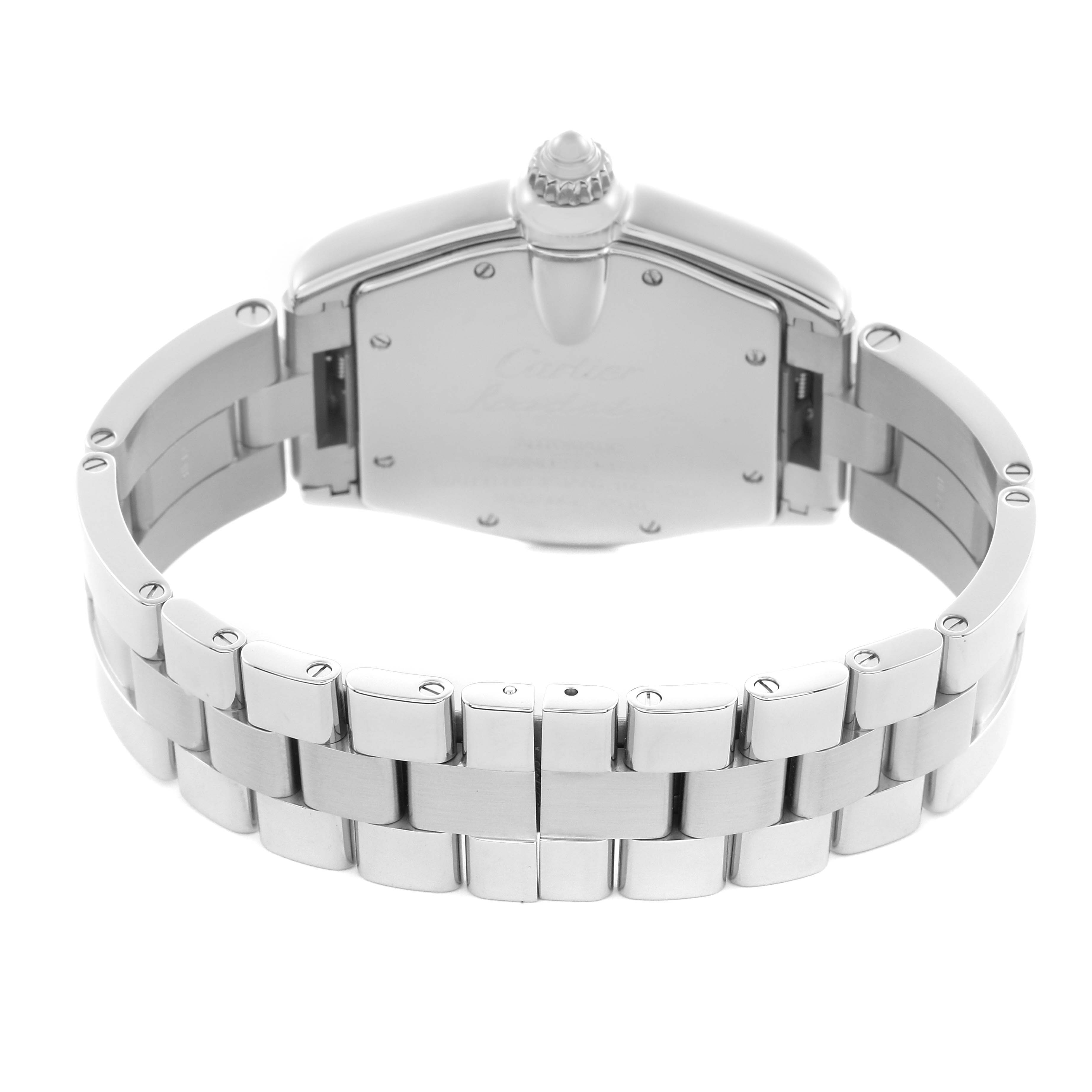 The image shows a Cartier Roadster W62041V3 Men
s Stainless Steel Black Dial W62041V3 Men
s Stainless Steel Black Dial watch viewed from the back, highlighting the stainless steel bracelet and case back.