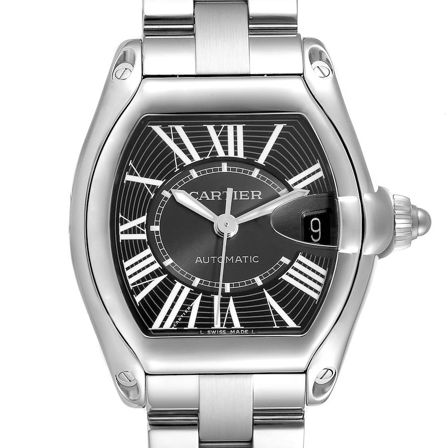 The Cartier Roadster watch is shown from the front, displaying the face, bezel, crown, and part of the bracelet.
