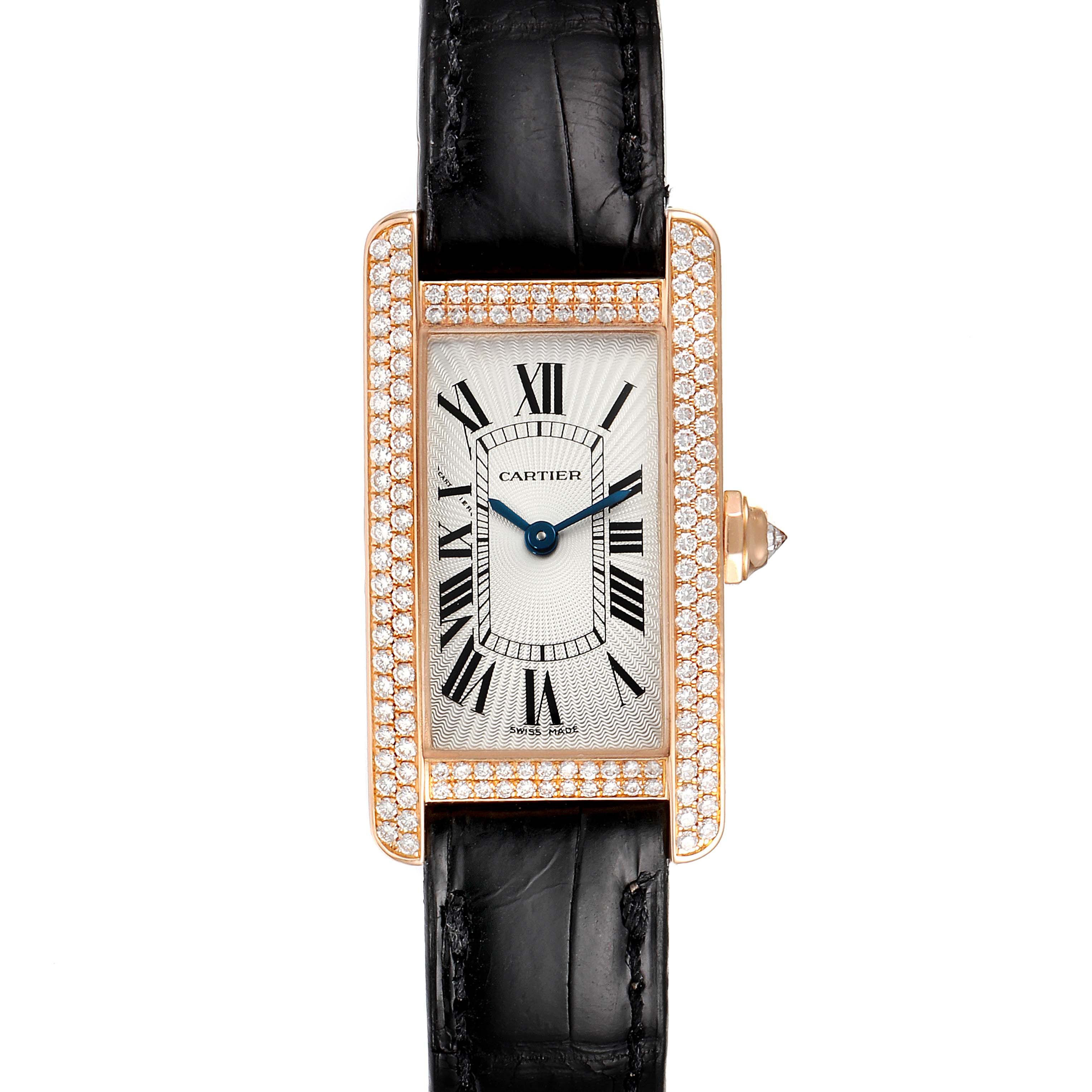 The image shows a top-down view of the Cartier Tank Americaine WJTA0002 Women
s Rose Gold Silver Dial WJTA0002 Women
s Rose Gold Silver Dial watch, highlighting its rectangular, diamond-studded bezel and black leather strap.