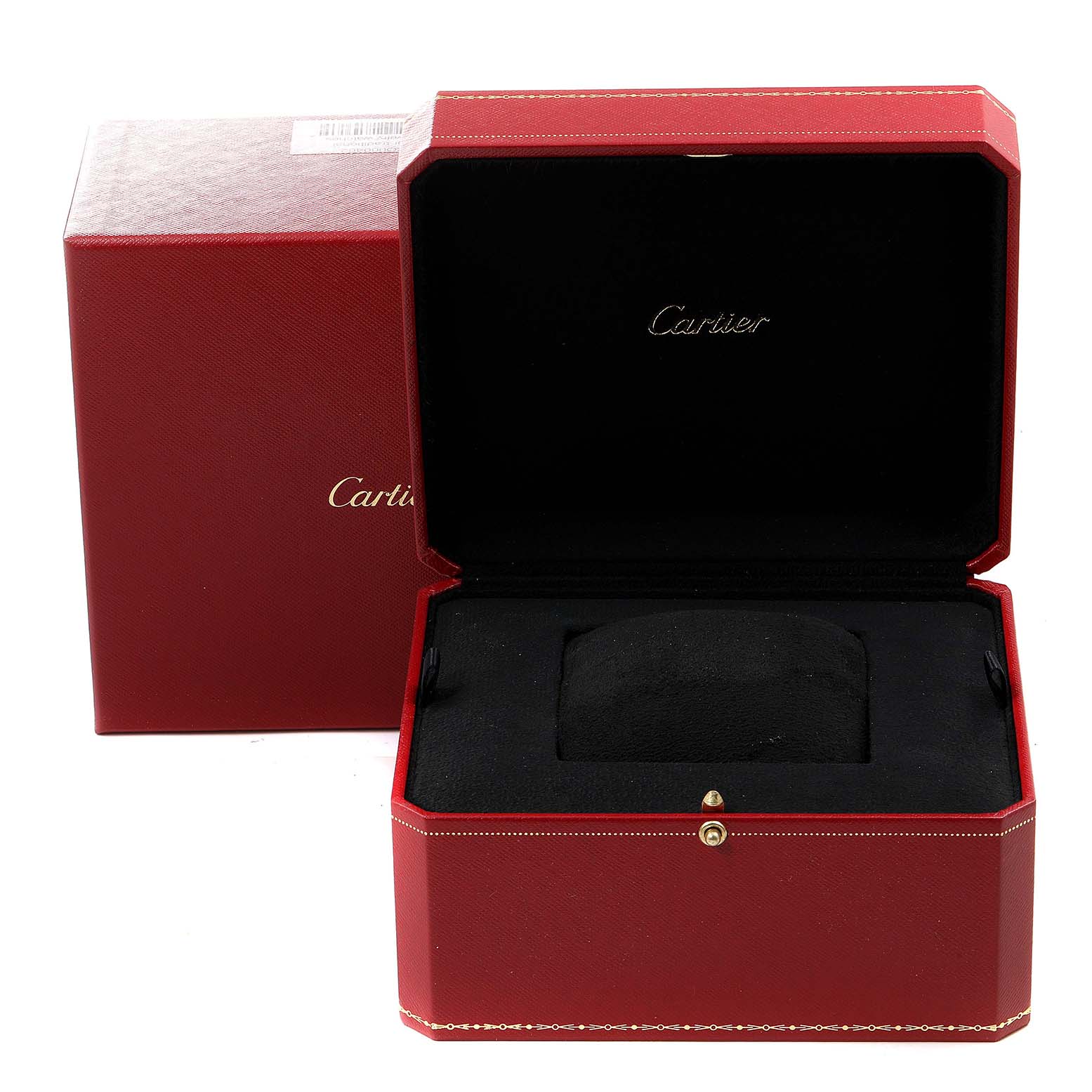 The image shows an open Cartier red presentation box for the Tank Américaine model watch.