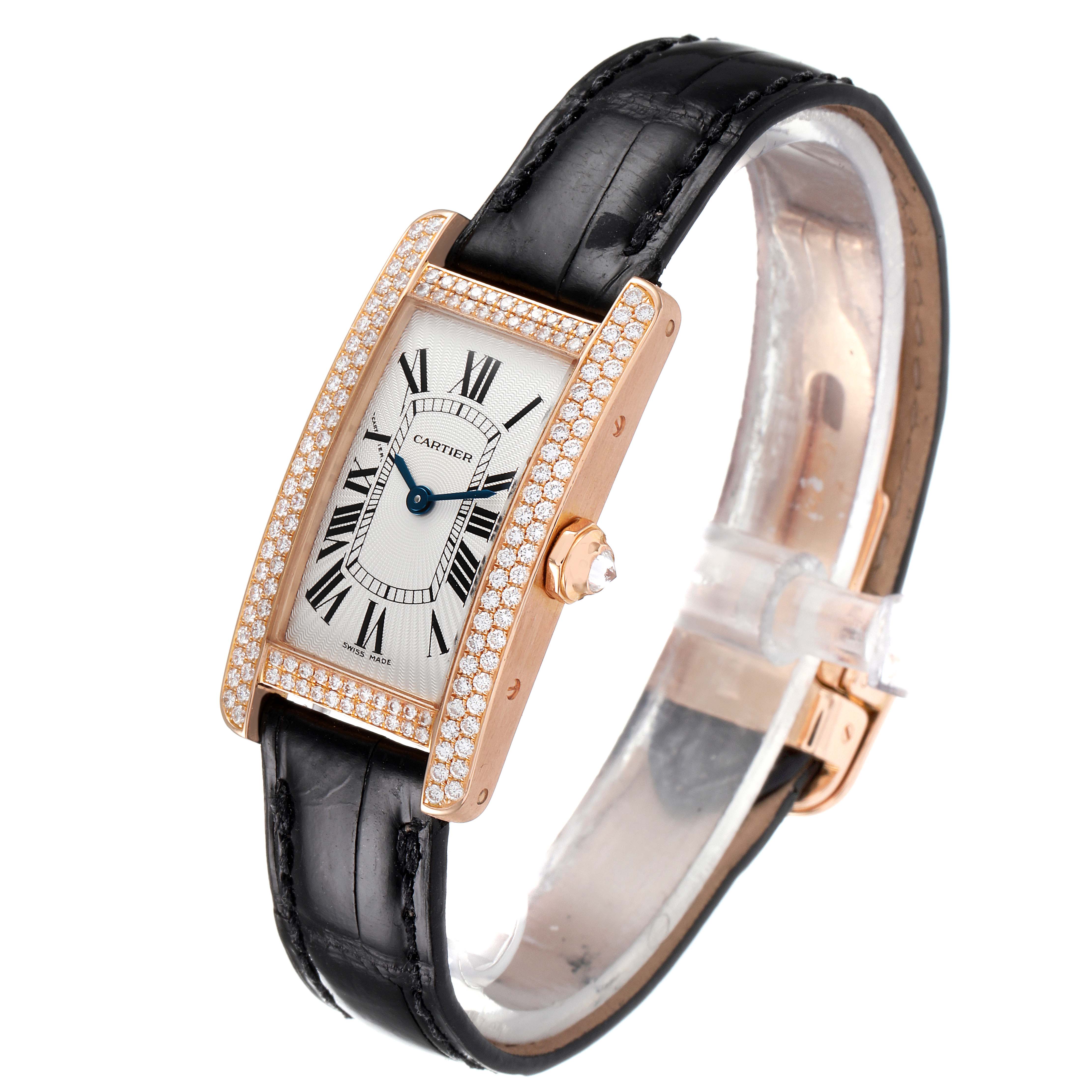 The Cartier Tank Americaine WJTA0002 Women
s Rose Gold Silver Dial WJTA0002 Women
s Rose Gold Silver Dial watch is shown at a slight angle, displaying the face, bezel, crown, and black leather strap.