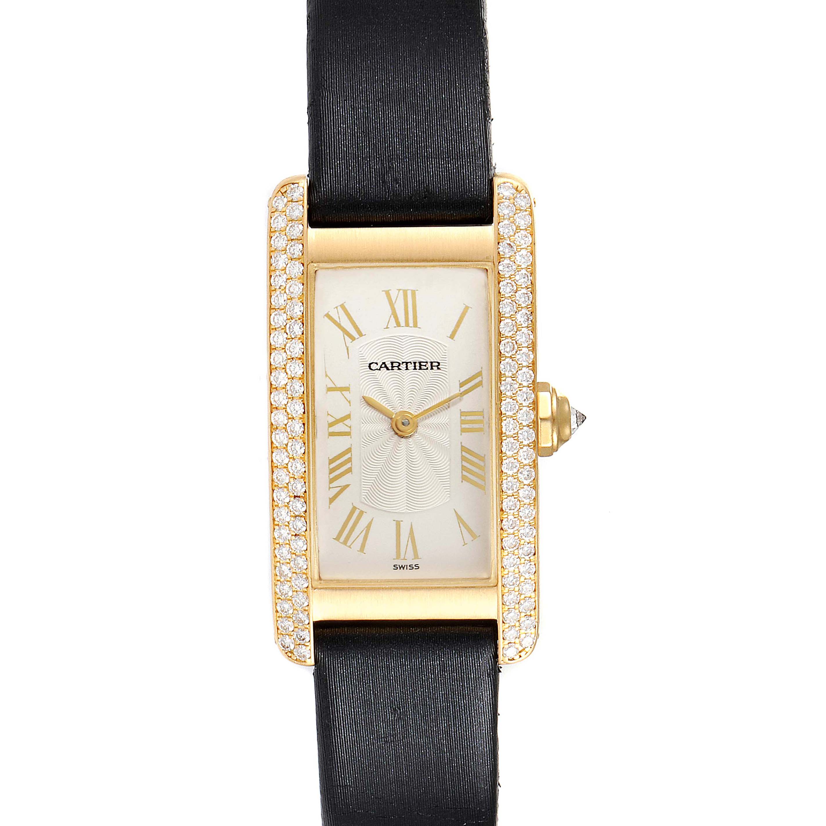 The image shows a Cartier Tank Americaine 1710 Women
s Yellow Gold Silver Dial 1710 Women
s Yellow Gold Silver Dial watch from a top-down angle, highlighting its rectangular face, diamond bezel, and black leather strap.
