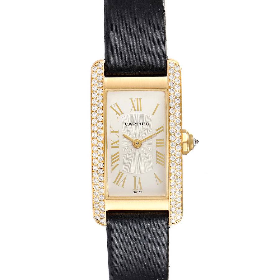 Cartier Tank Americaine Yellow Gold Diamond Black Strap Ladies Watch 1710 SwissWatchExpo
