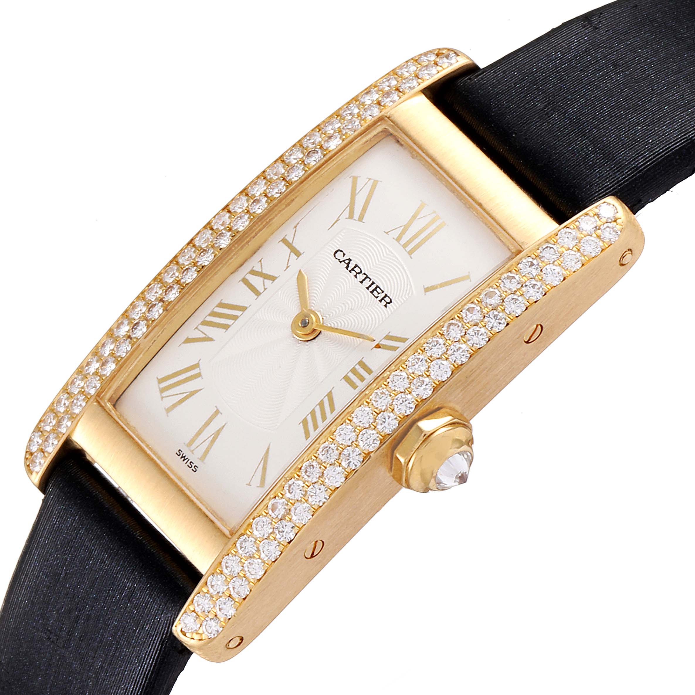 The image shows a Cartier Tank Americaine 1710 Women
s Yellow Gold Silver Dial 1710 Women
s Yellow Gold Silver Dial watch at an angled close-up, highlighting its gold and diamond-encrusted case and black strap.