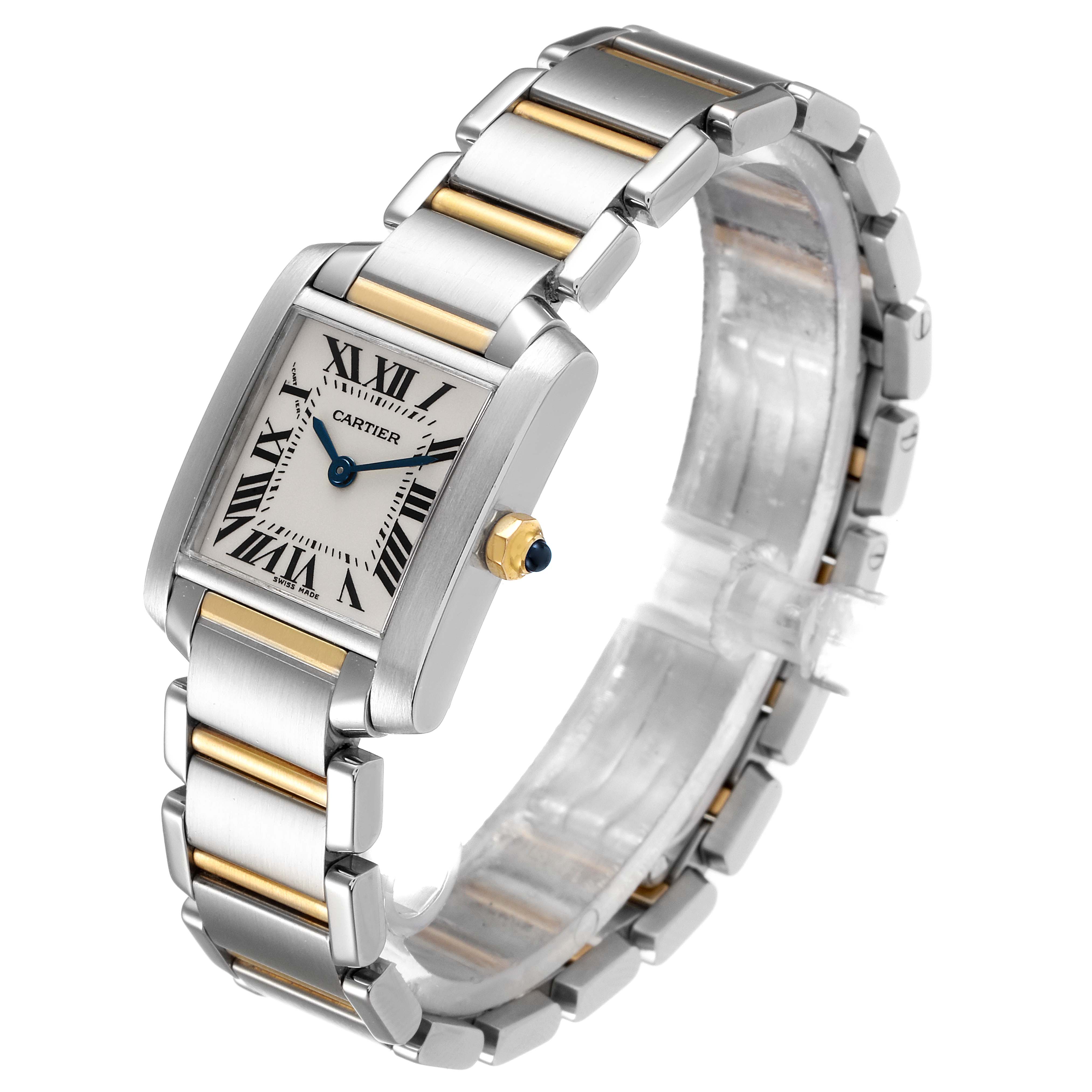 This image shows an angled view of the Cartier Tank Francaise W51007Q4 Women's Steel and Gold (two tone) Silver Dial W51007Q4 Women's Steel and Gold (two tone) Silver Dial watch, highlighting its bracelet, rectangular case, and dial.