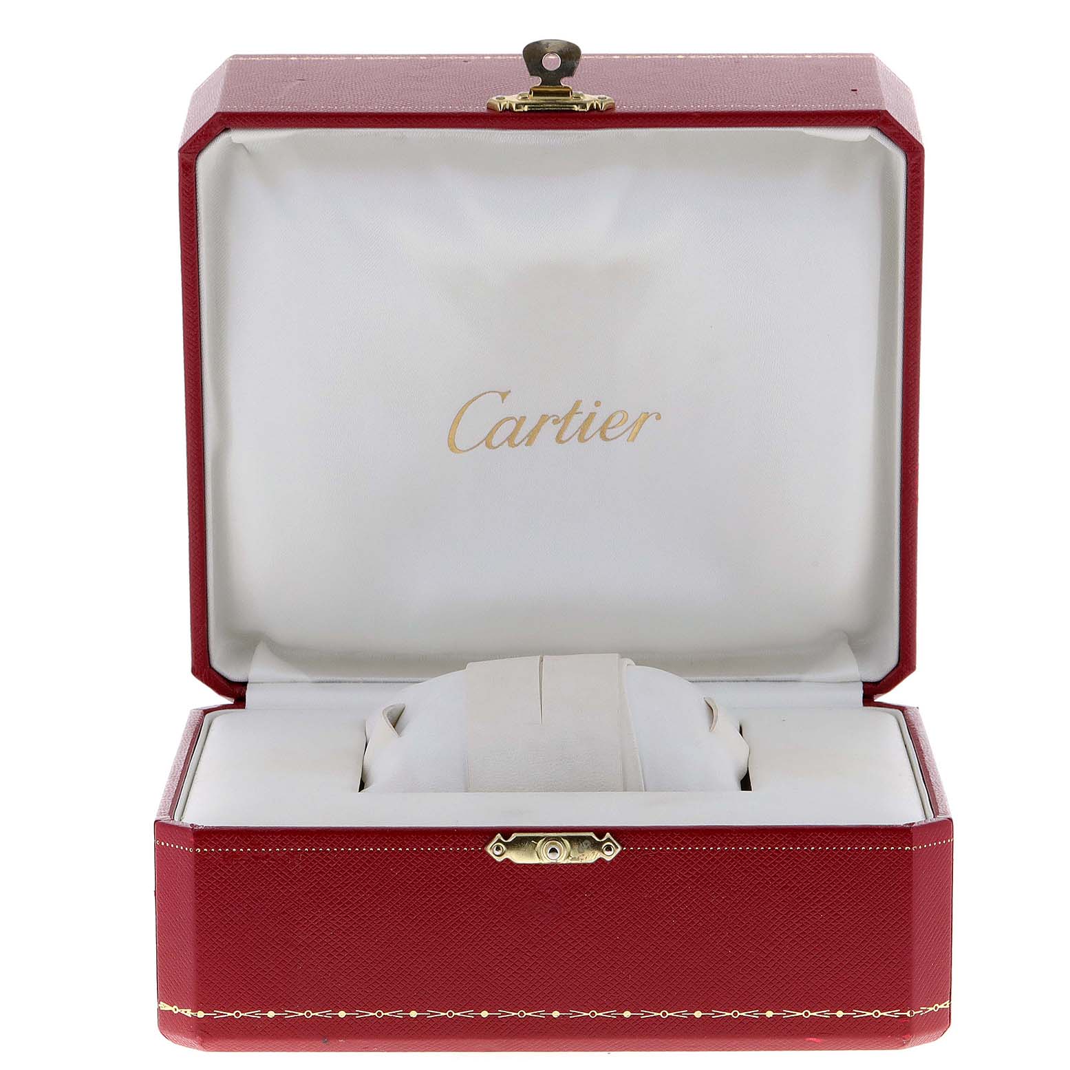 The image shows an open Cartier box for the Tank Française model, with the interior visible but the watch itself missing.
