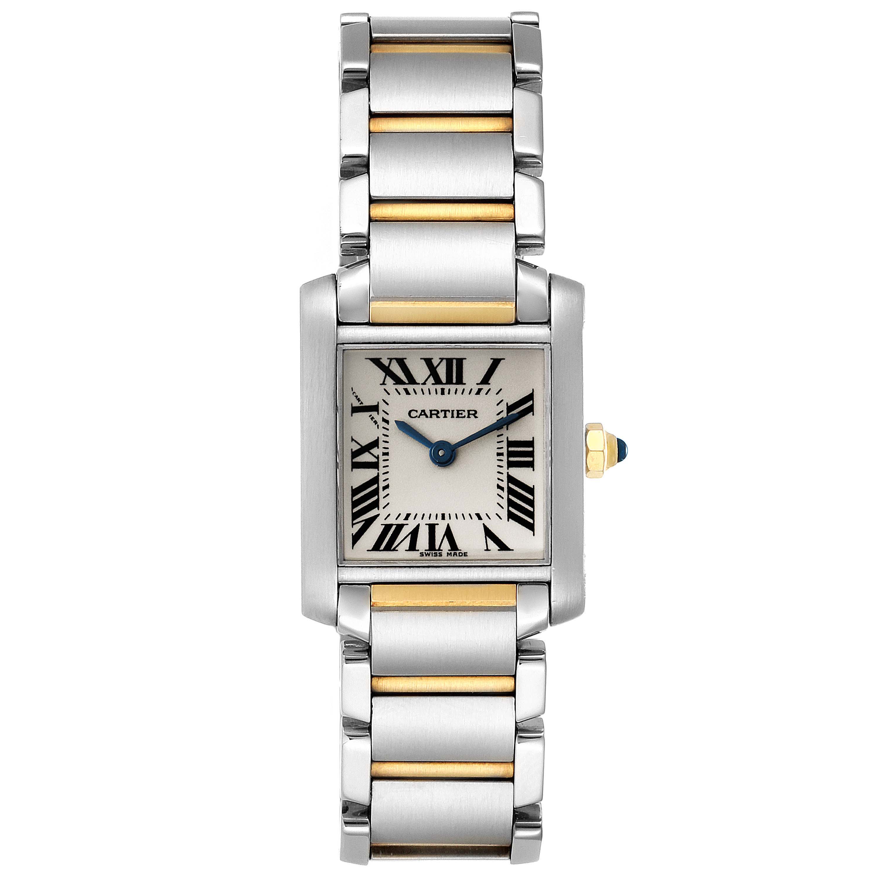 The image shows a front view of the Cartier Tank Francaise W51007Q4 Women's Steel and Gold (two tone) Silver Dial W51007Q4 Women's Steel and Gold (two tone) Silver Dial watch, detailing its two-tone bracelet and rectangular dial.