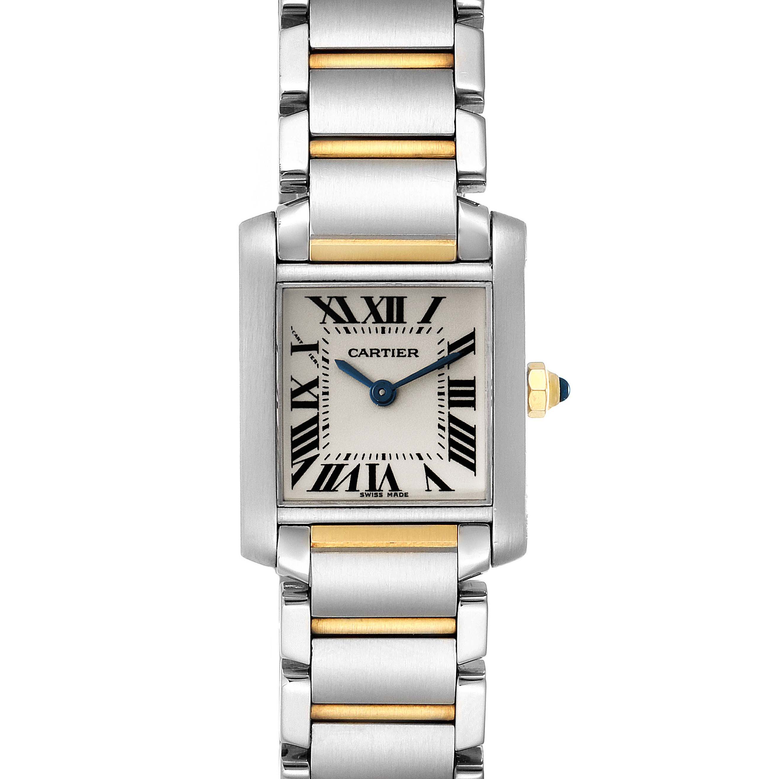 This image shows a full frontal view of the Cartier Tank Francaise W51007Q4 Women's Steel and Gold (two tone) Silver Dial W51007Q4 Women's Steel and Gold (two tone) Silver Dial watch, highlighting the rectangular dial, Roman numerals, and metal bracelet.