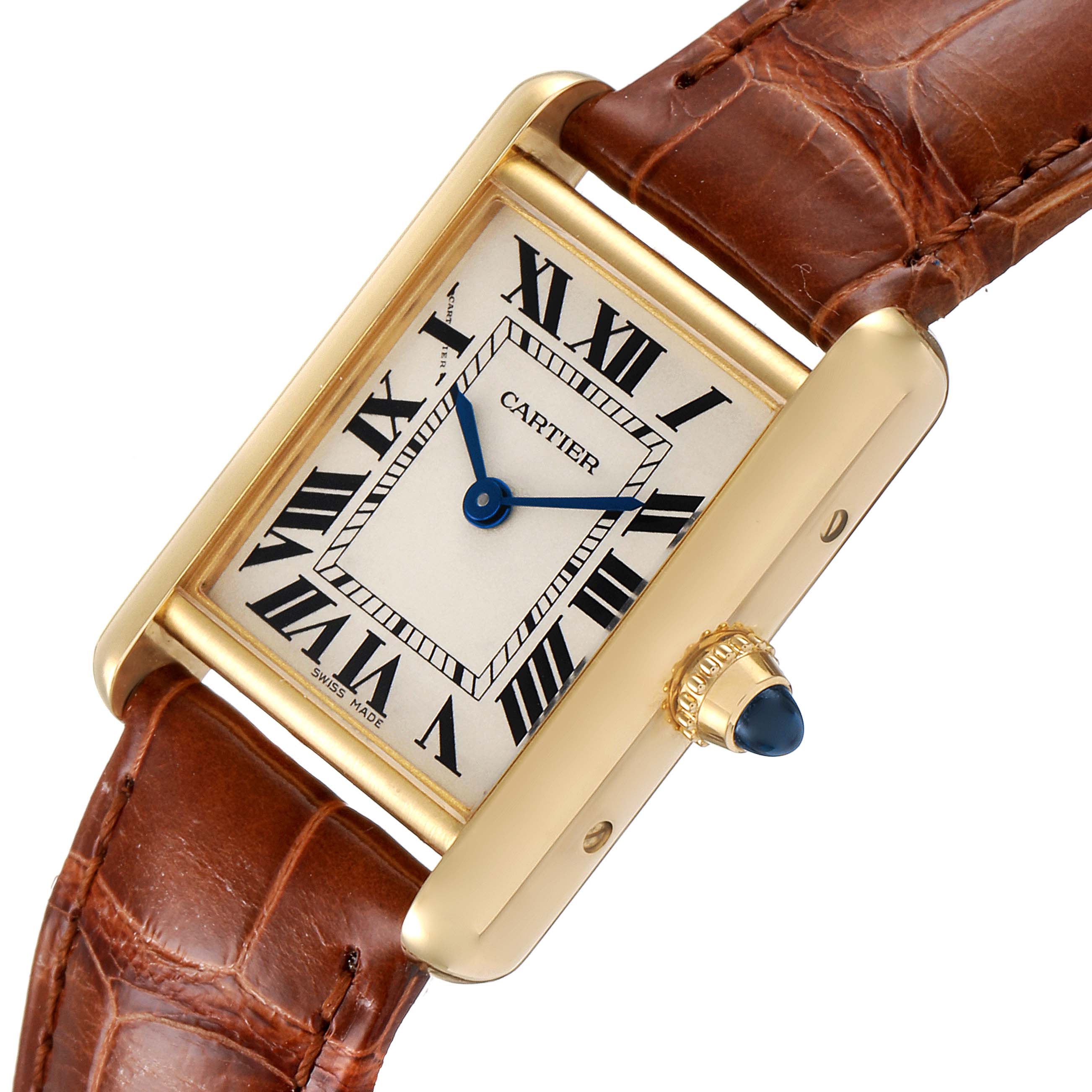 The image shows a Cartier Tank Louis W1529856 Women's Yellow Gold Silver Dial W1529856 Women's Yellow Gold Silver Dial watch face and strap, angled to display the dial, hands, and crown with a blue cabochon.