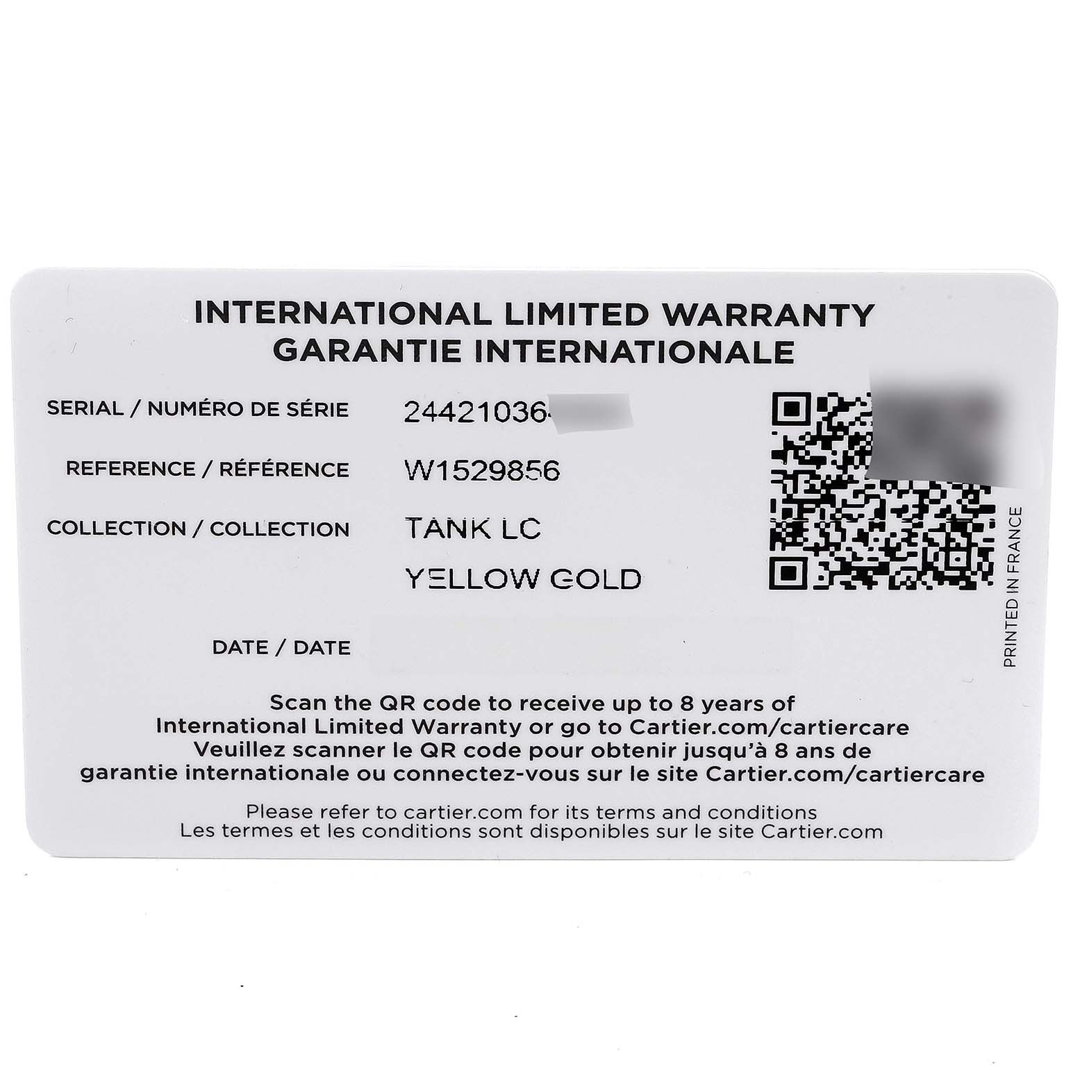 This image shows the International Limited Warranty card for the Tank Louis model by Cartier.
