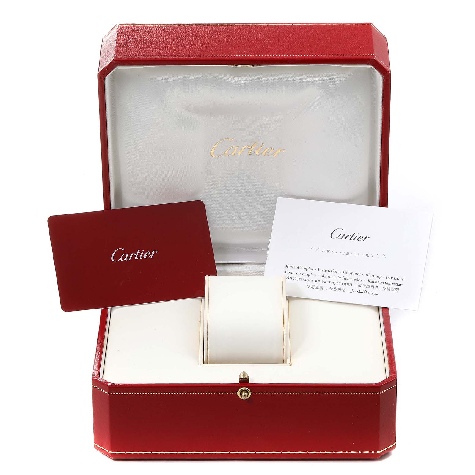The image shows a Cartier Tank Louis W1529856 Women's Yellow Gold Silver Dial W1529856 Women's Yellow Gold Silver Dial watch box and accessories, including a red booklet and a white instruction manual.