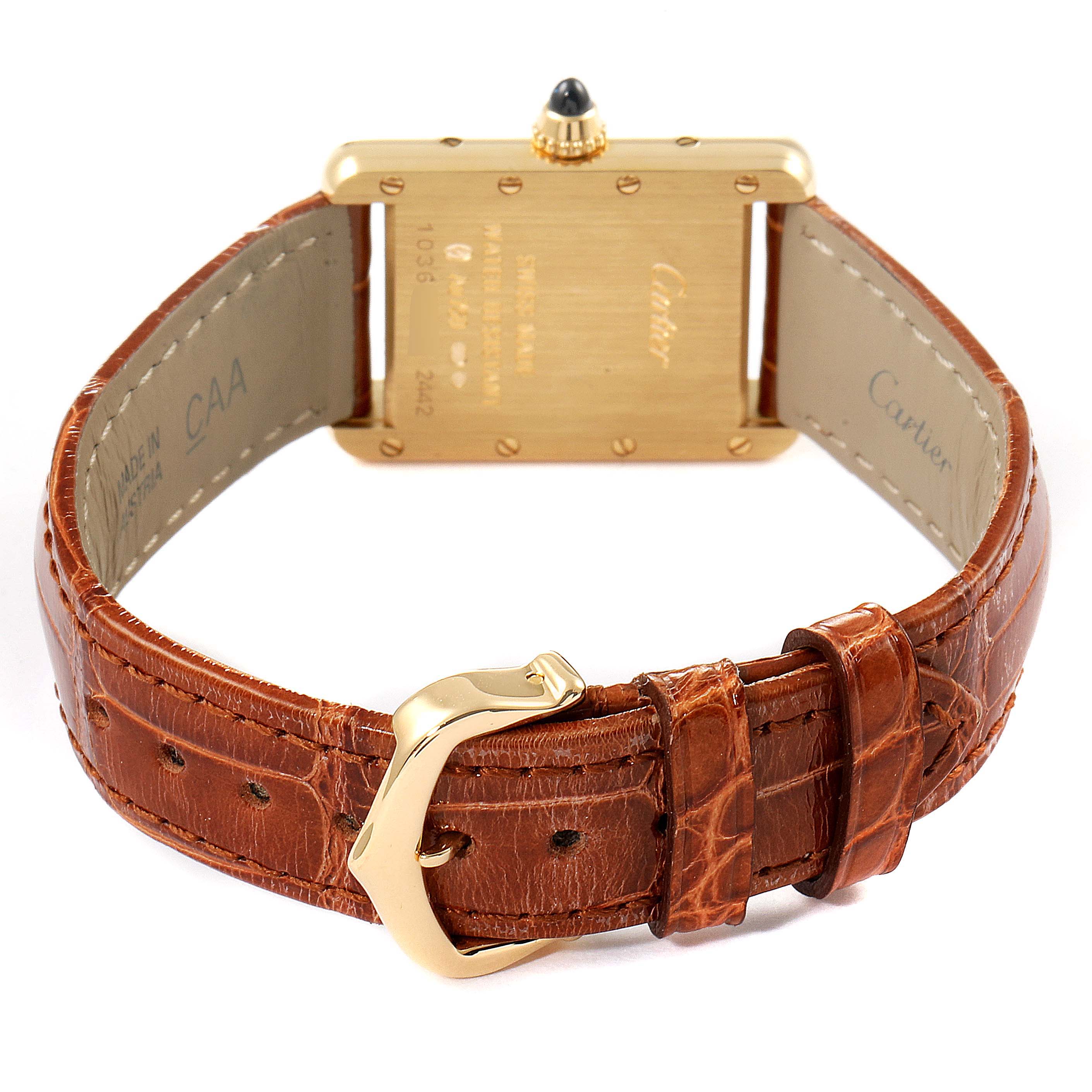 The image shows the back of the Tank Louis Cartier watch, highlighting the case, strap, and clasp from a rear angle.